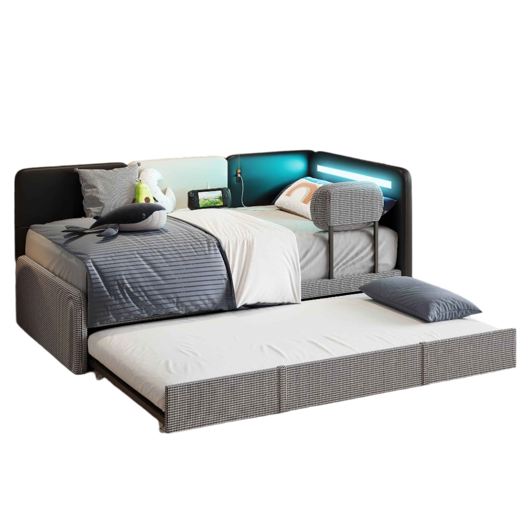 Daybed with Trundle, Twin Day Bed Frame with Upholstered Guardrail