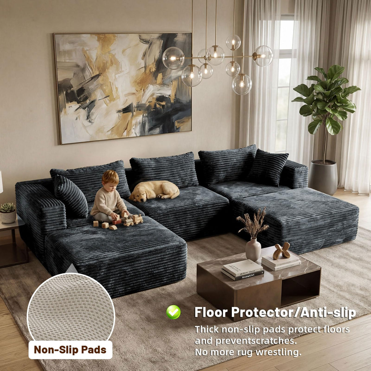 Modular Sectional Boneless Sofa with 2 Ottomans