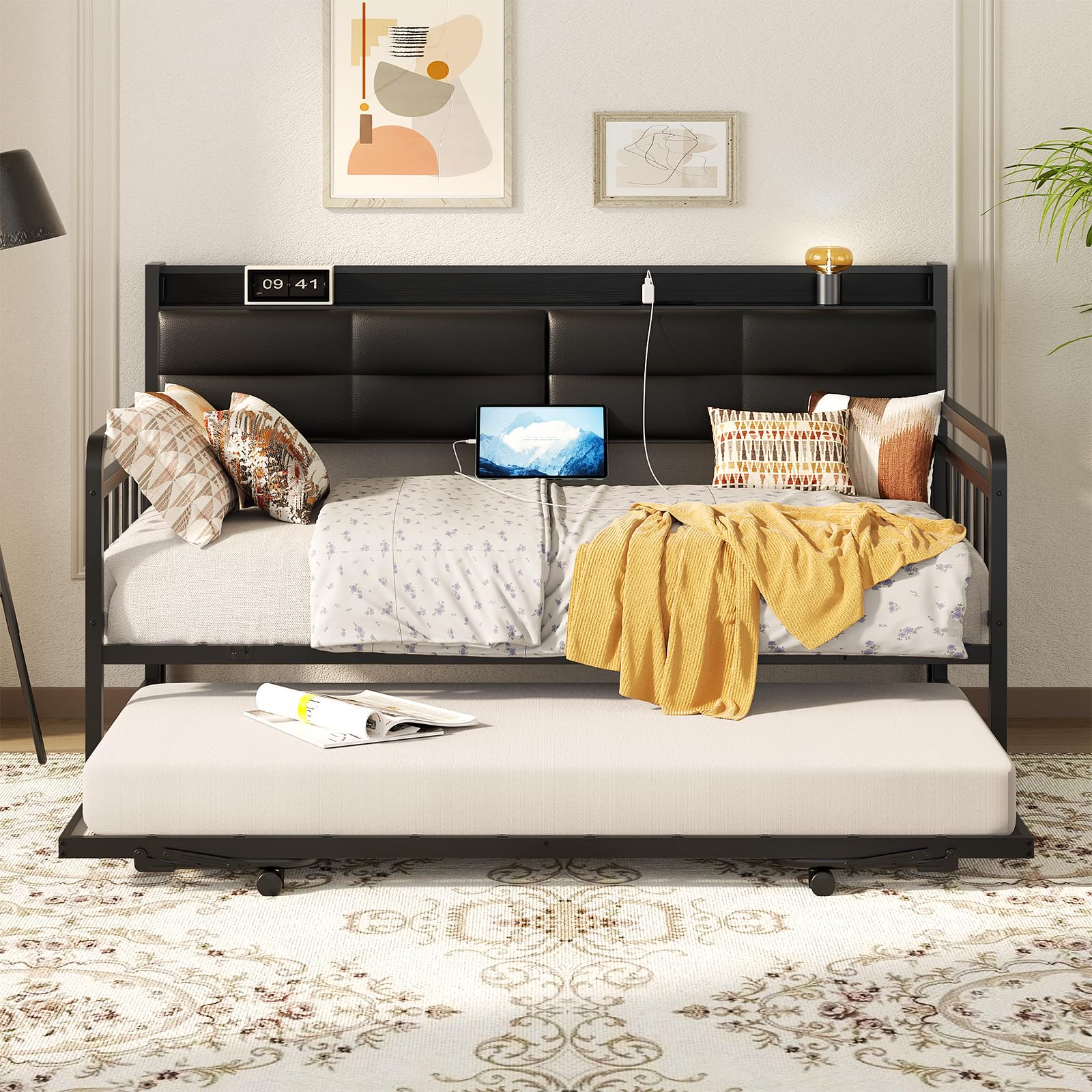 Daybed with Trundle, Twin Day Bed with Upholstered Headboard and Charging