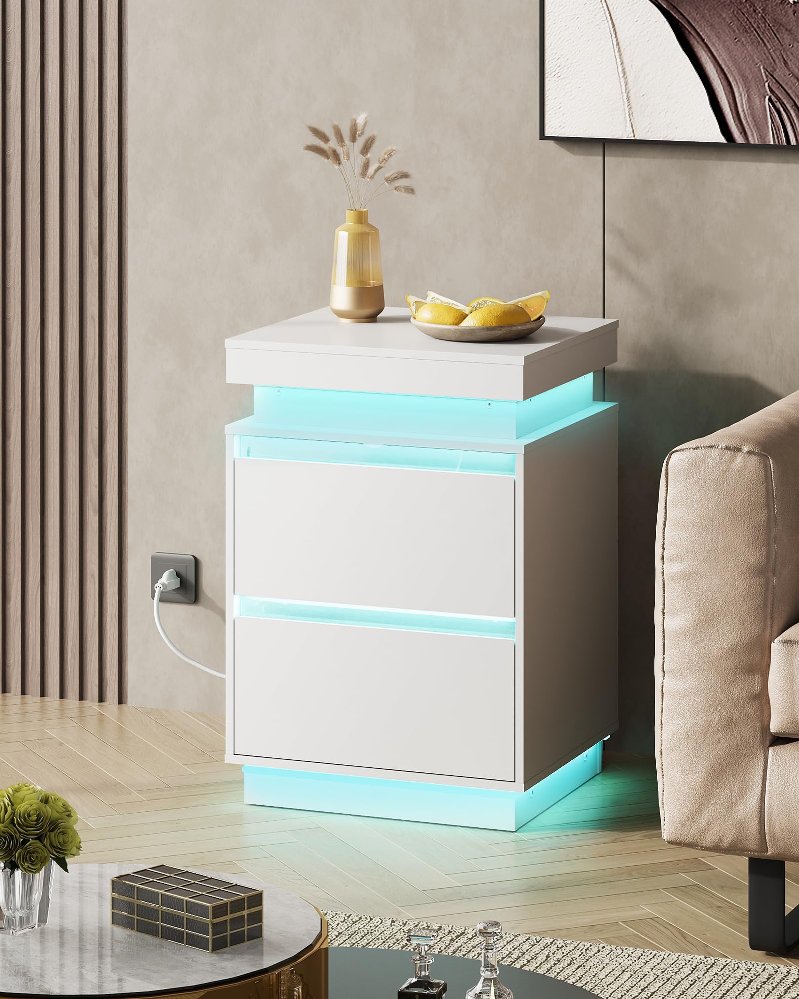 White Nightstand with Charging Station and LED Lights