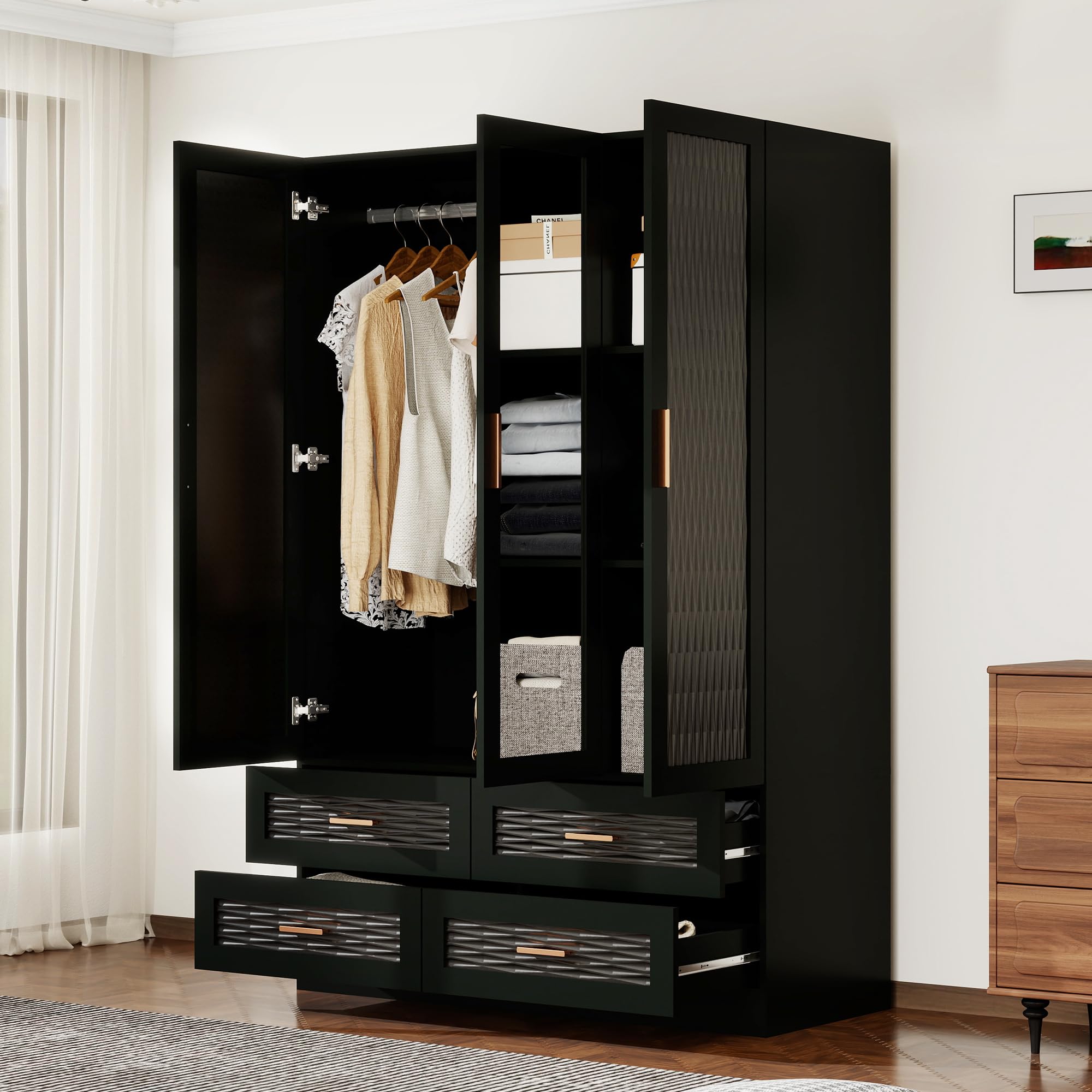 Large Wardrobe Closet with 4 Drawers and Mirror，Spacious Storage Armoire