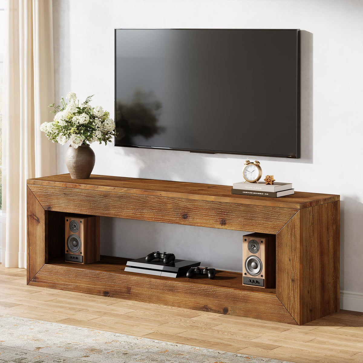 47" Farmhouse Solid Wood TV Stand with Open Storage Shelf