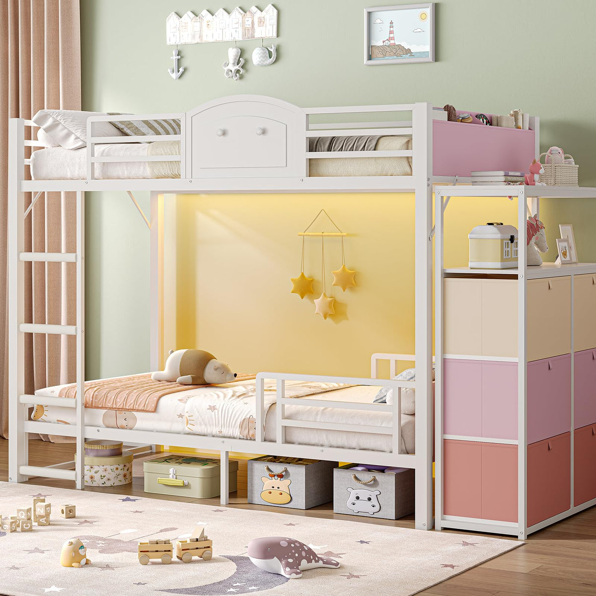 Twin Over Twin Convertible Bunk Bed – 6 Drawers, RGB LED, Metal Frame