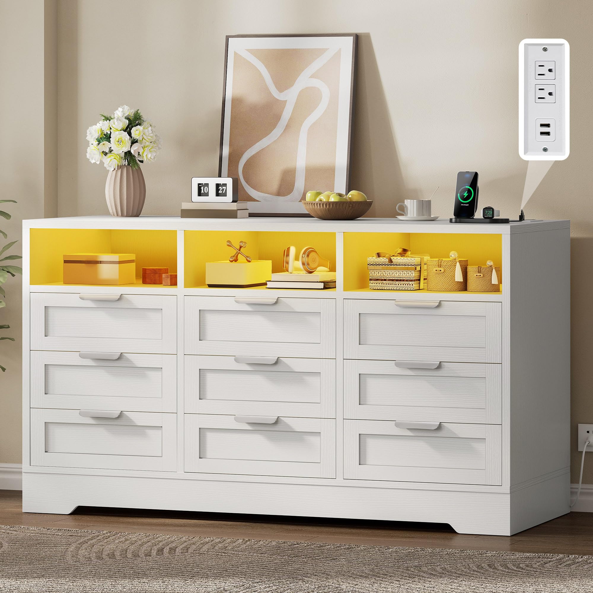9 Drawer Double Dresser with LED Ligh, Modern Chests of Drawers with Power Outlet