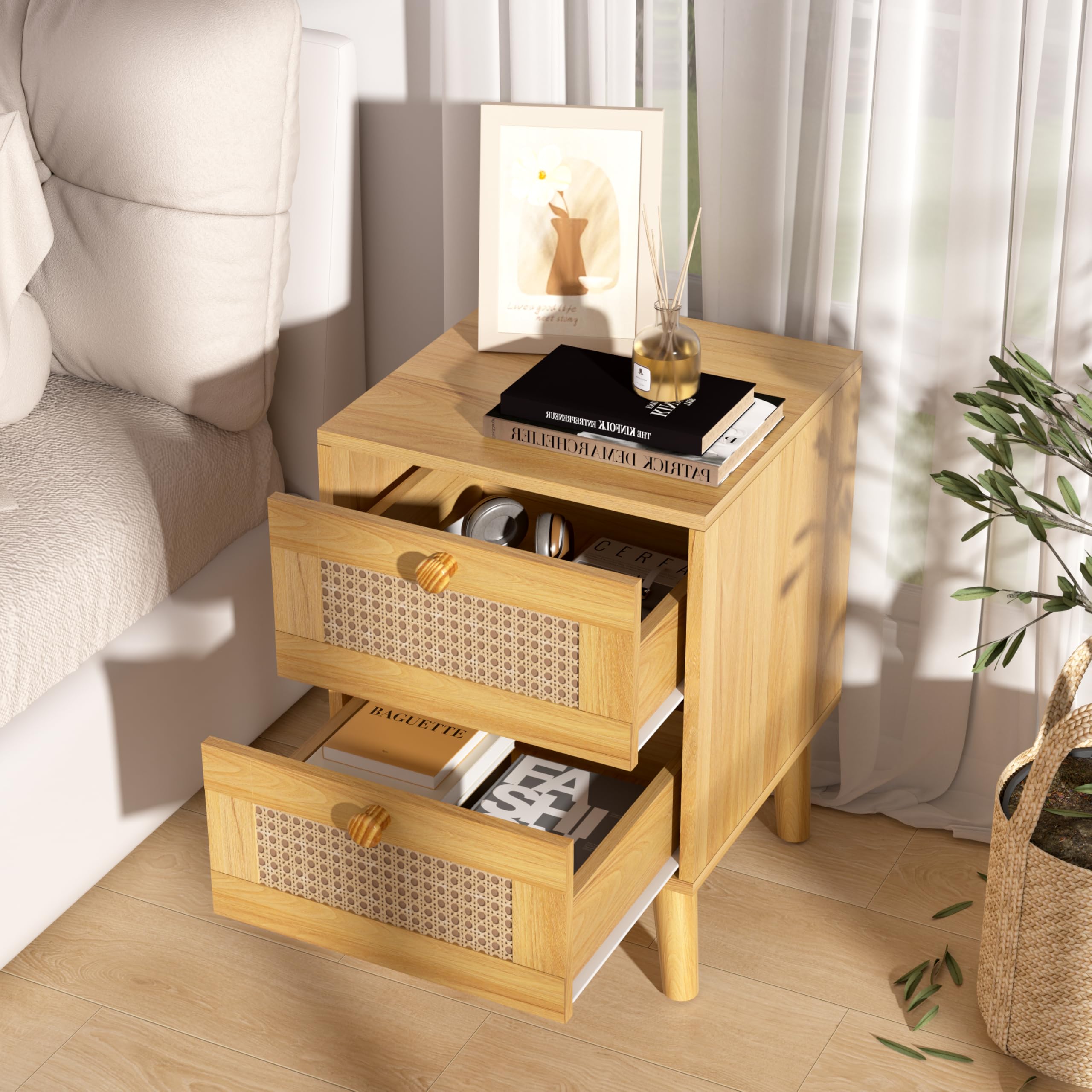 NewBeth Rattan Nightstand,Boho and Wood Night Stand with Drawers,Bedside Rattan Table and Small nightstand,Natural Wood Nightstand for Bedroom,Oak (Oak-2 Pcs)