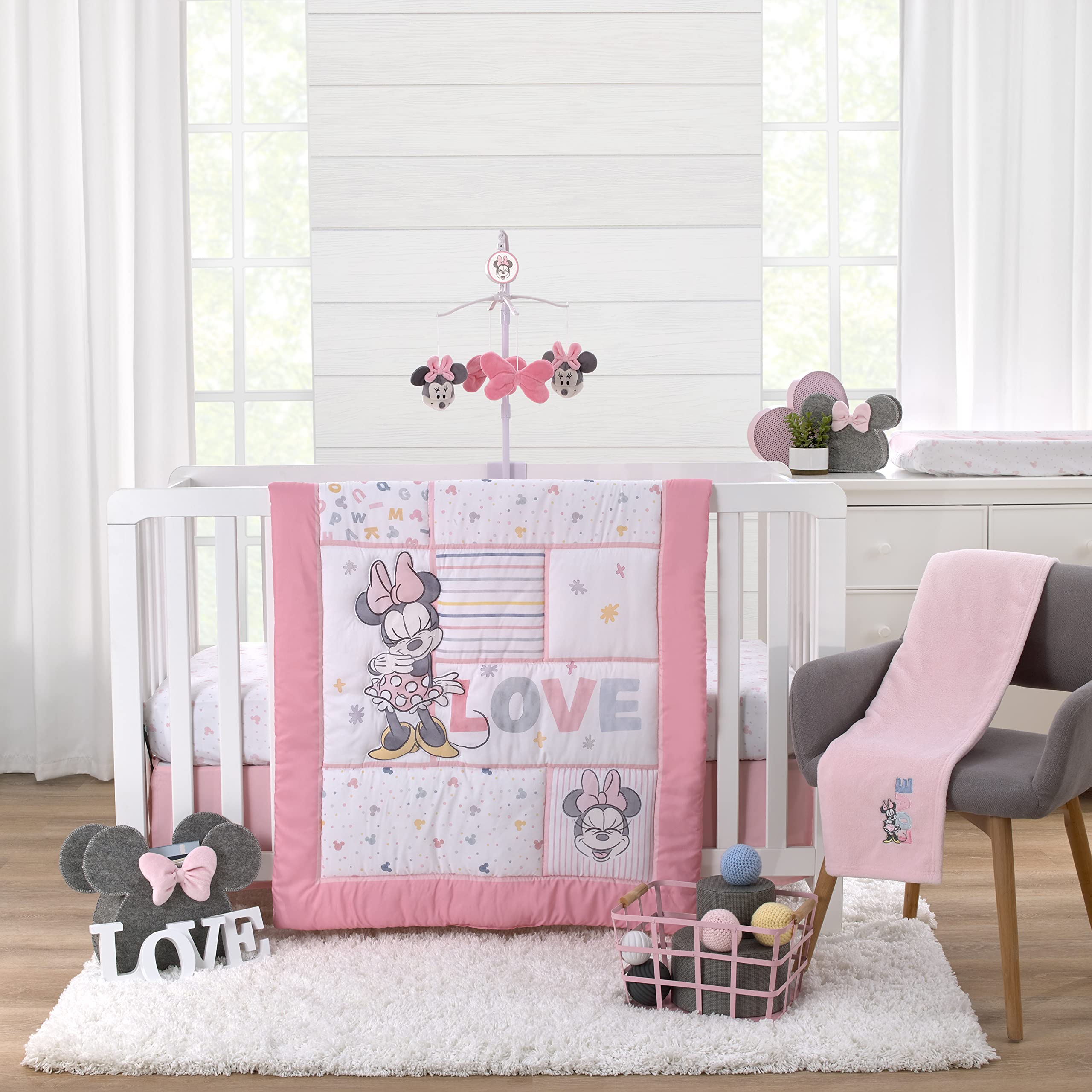 Minnie Mouse Lovely Little Lady Pink and White Stripes and Dots 3 Piece Nursery