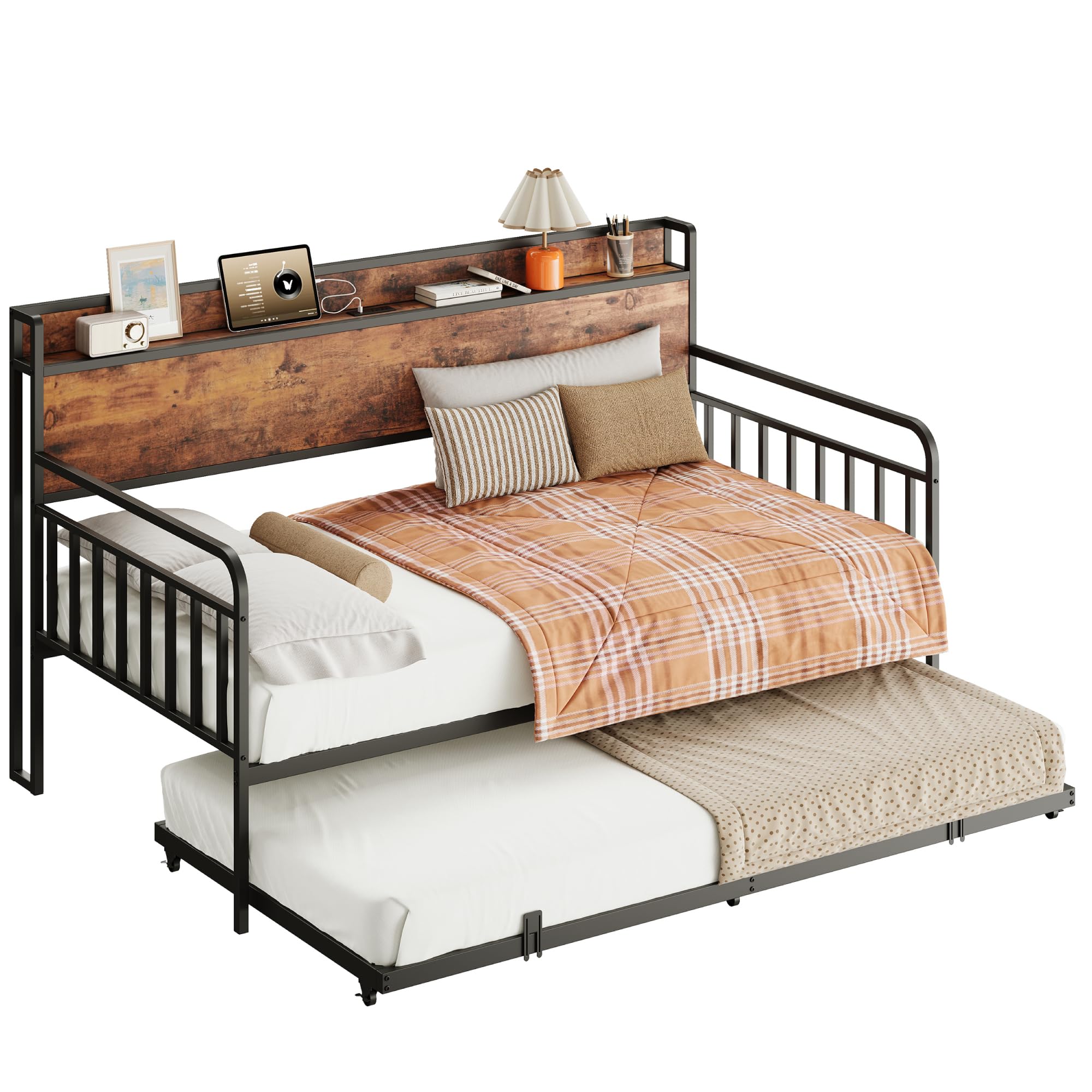 Daybed with Trundle, Twin Bed Frame with Storage Headboard and Charging Station