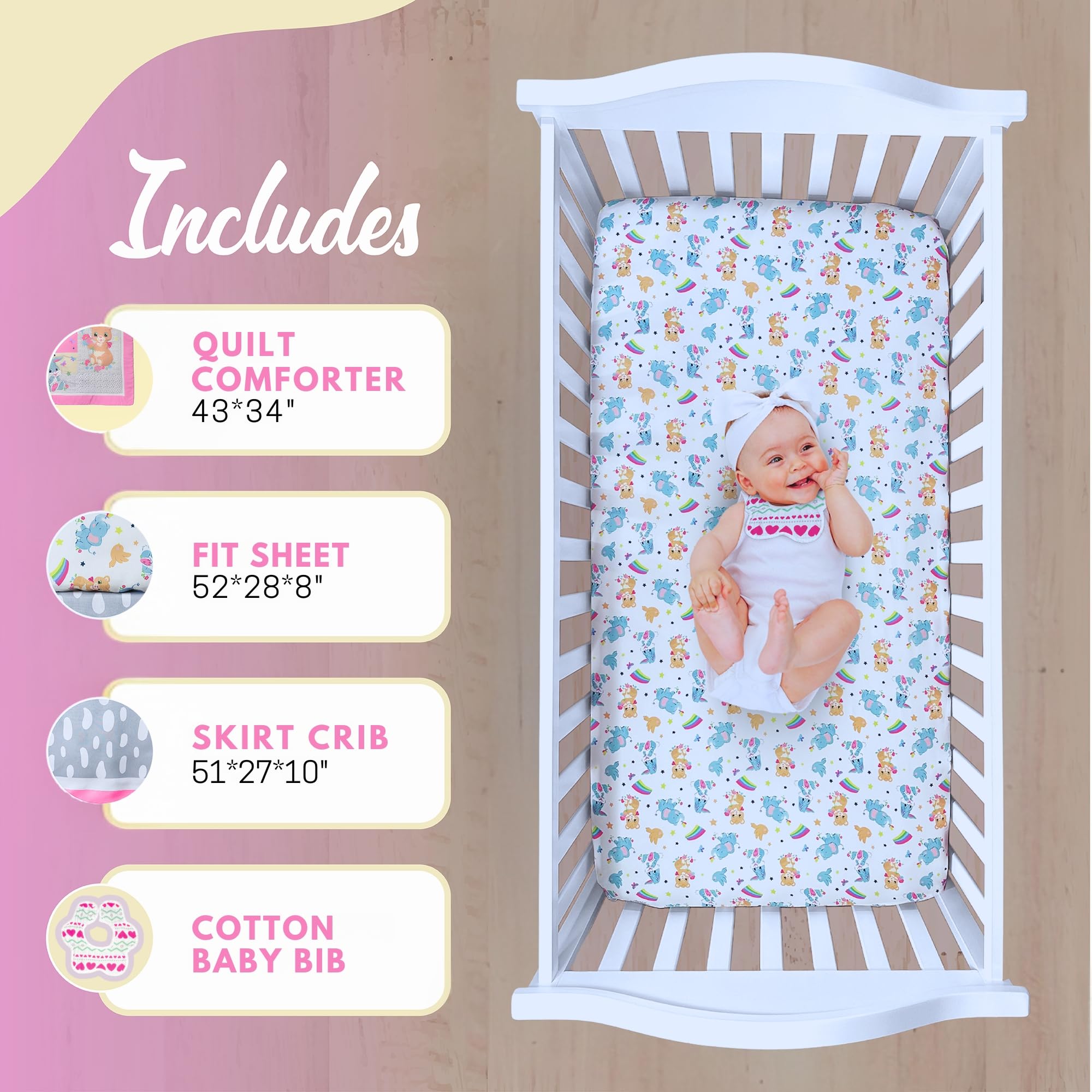 TrenD'Lay 4 Piece Baby Girl Crib Bedding Set, Crib Comforter Set for Girls, Crib Sets for Girl, Baby Bedding Set, Girl Crib Bedding Set, Infant & Toddler Nursery Bed Set, Ropa de cuna para niña.