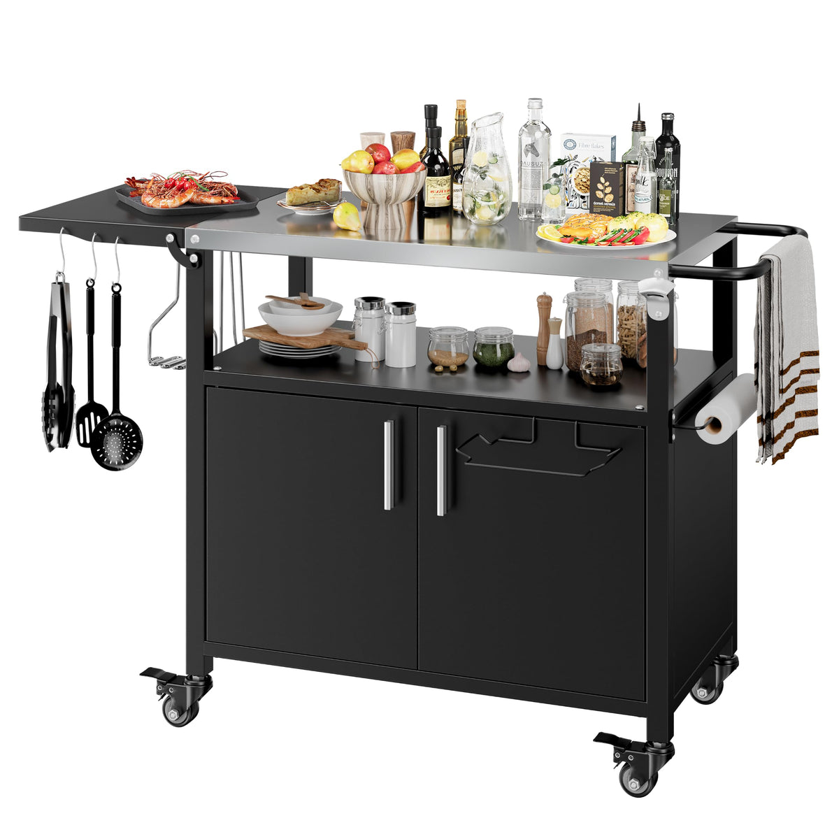 Outdoor Grill Cart with Foldable Stainless Steel Top & Storage
