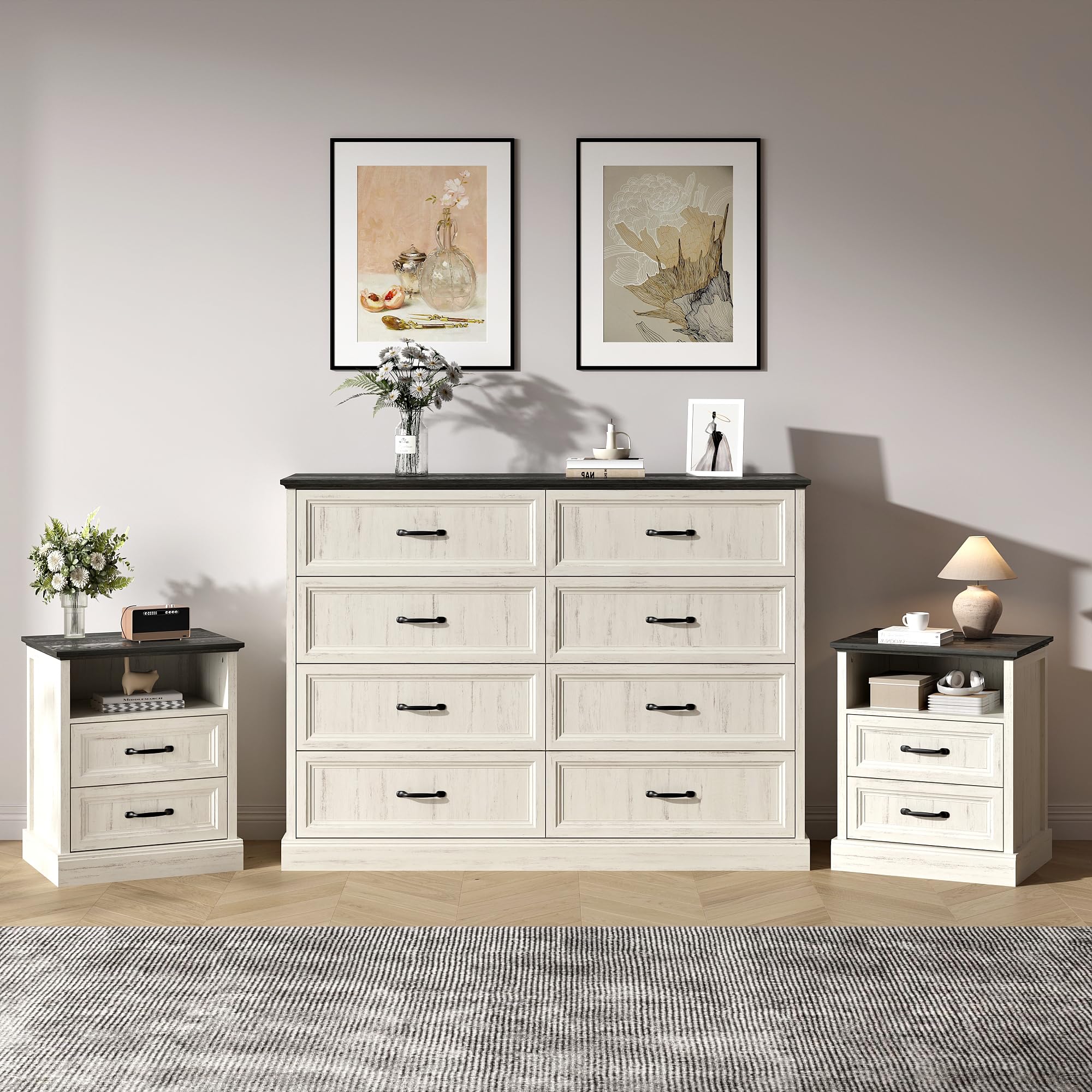Farmhouse Dresser and Nightstand Sets 3 Piece