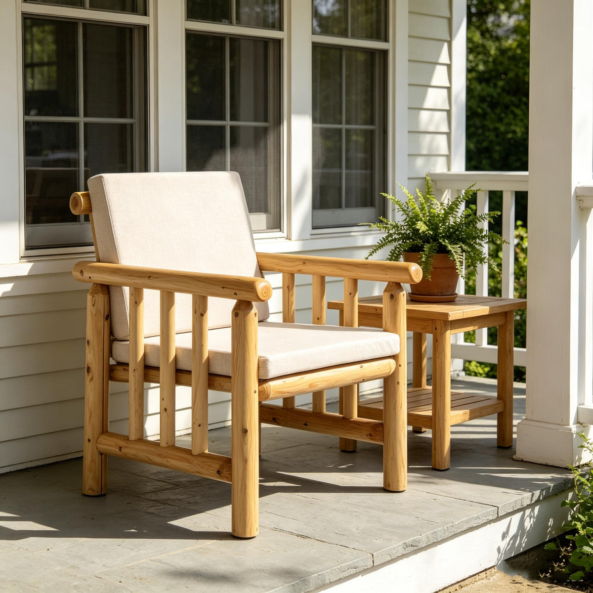 Solid Fir Wood Outdoor Armchair with Cushion & Wide Seat
