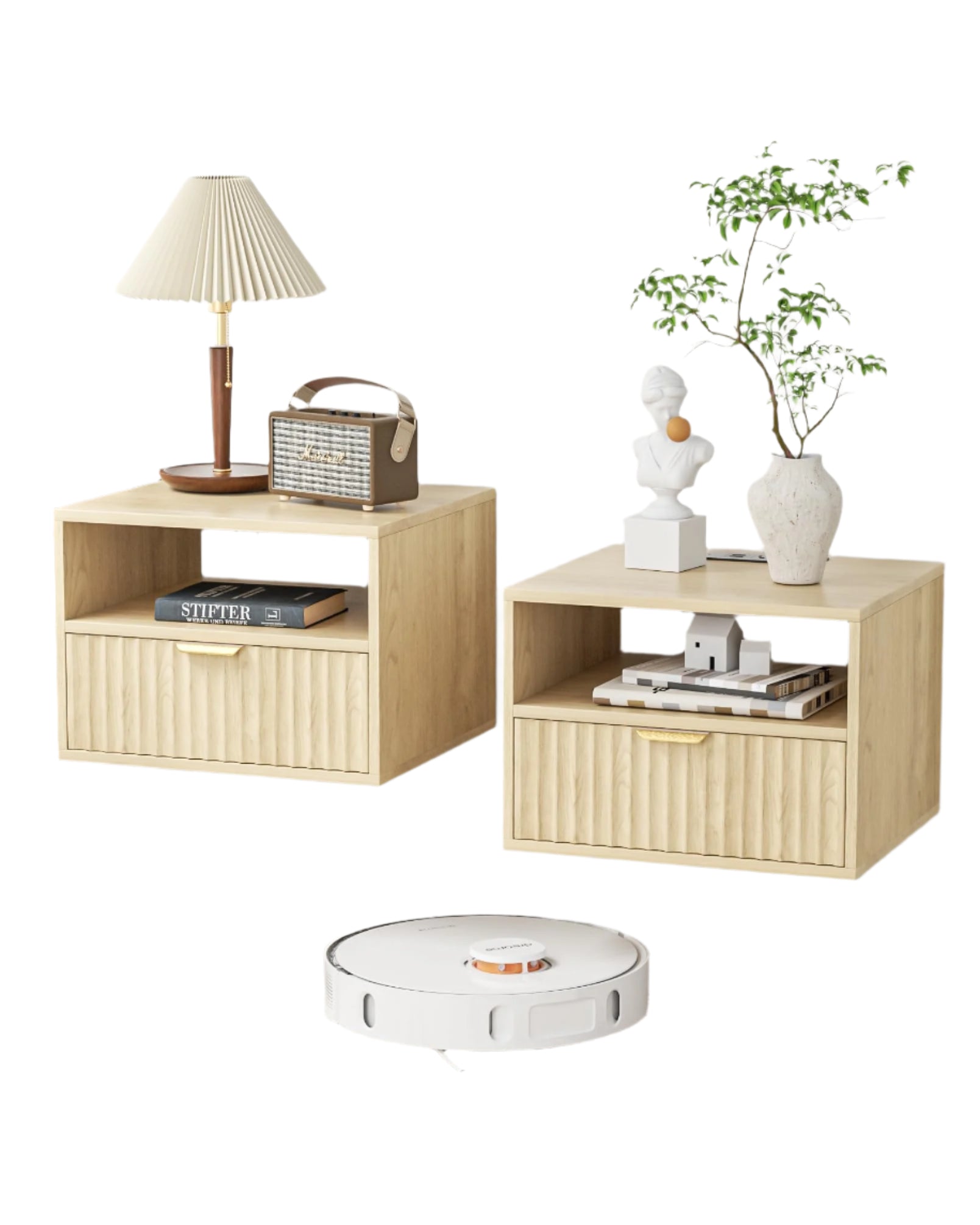 Floating Nightstand Set of 2 - Fluted Night Stand with Charging Station Wood Wall Mounted