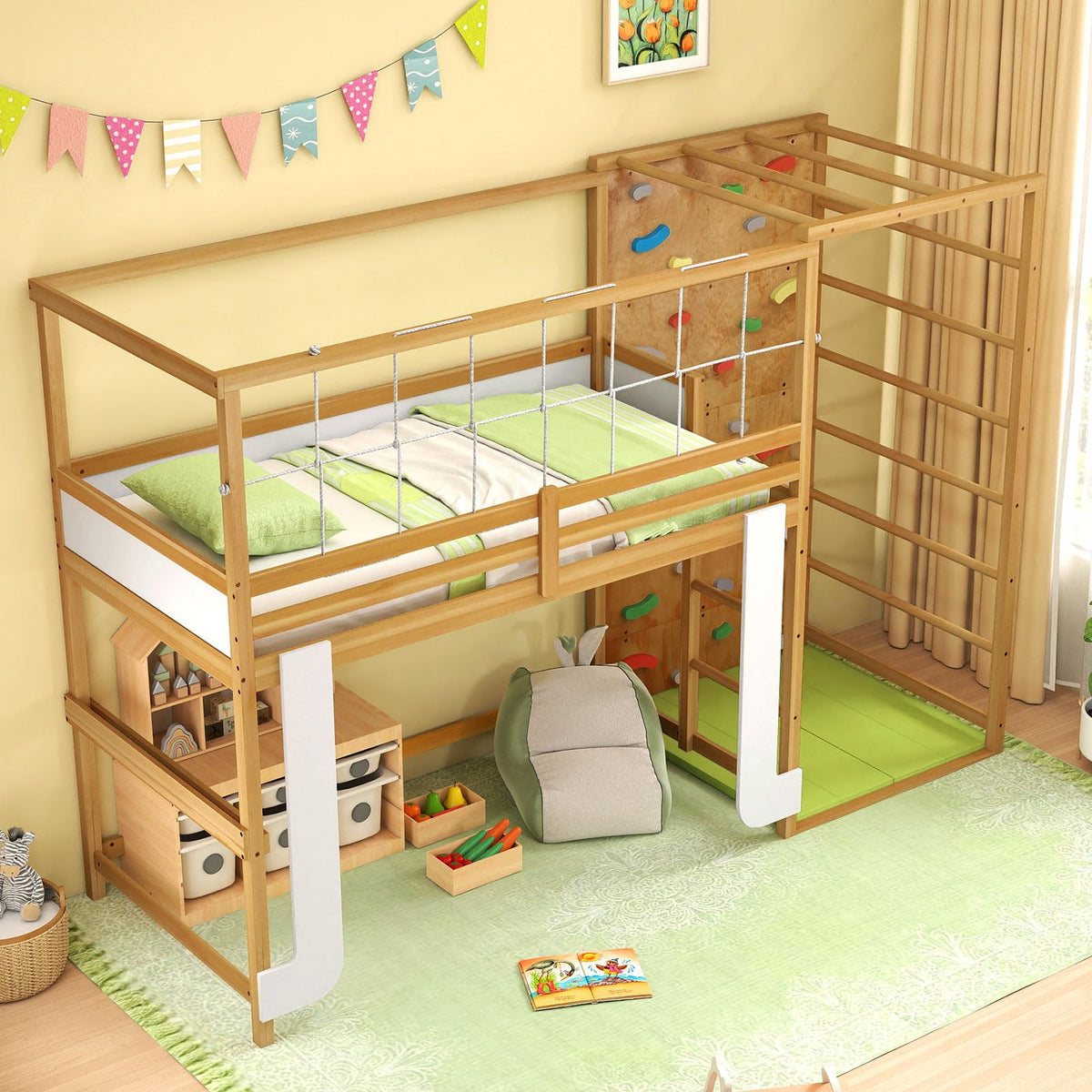 Giantex Twin Bunk Bed with Jungle Gym, 4-in-1 Wooden Loft Bed with Climbing Ladder, Rock Wall & Monkey Bar, Montessori Playhouse Bed with Full Length Guardrail & Wood Slat Support for Kids (Natural)