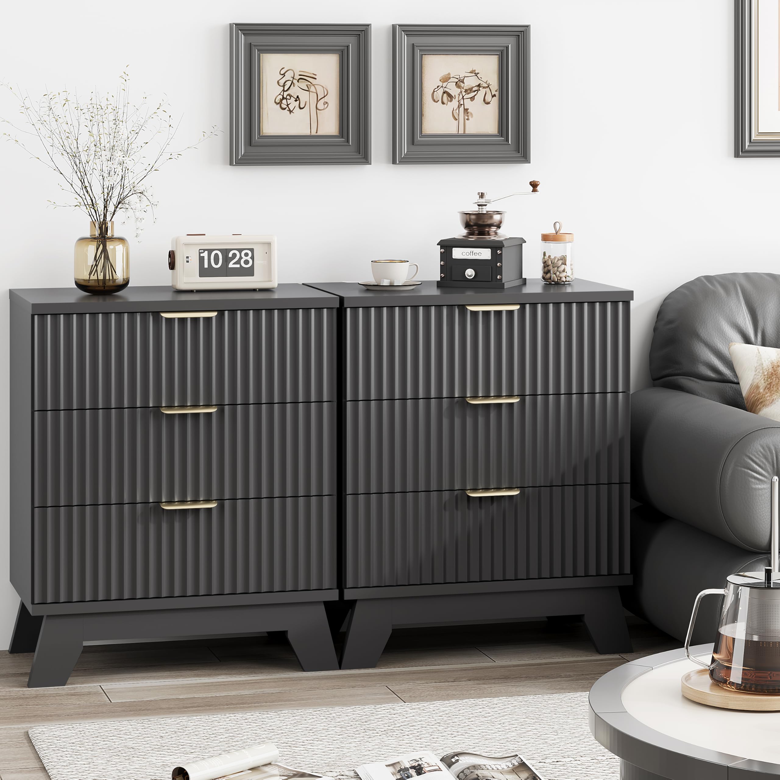 Nightstand, 24" Wide Side Table with 3 Large Storage Drawers