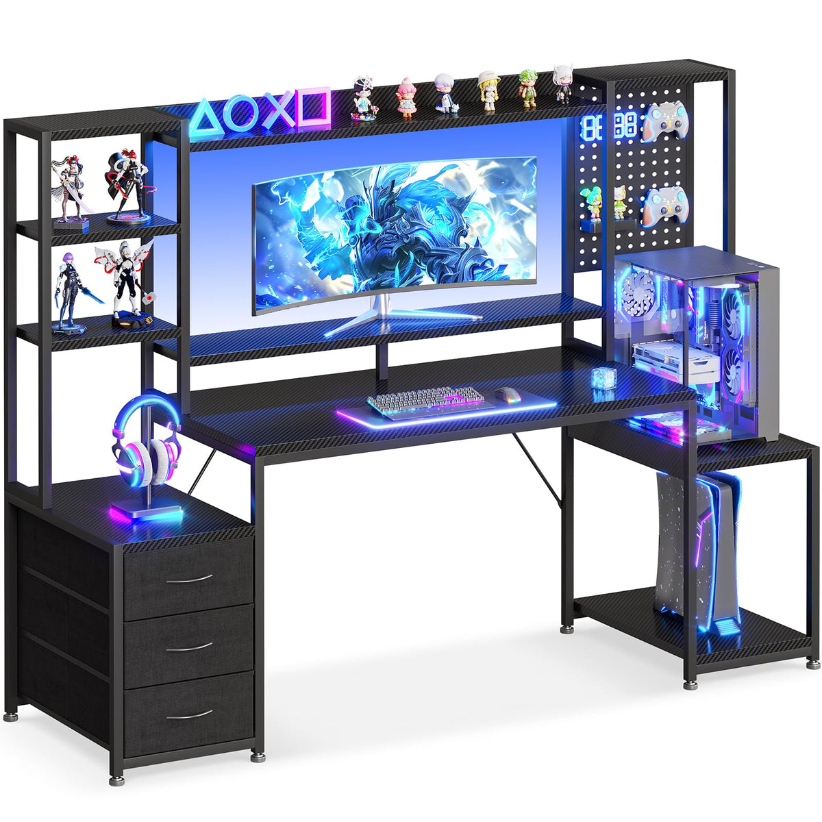 Gaming Desk with Hutch, Display Shelves, 3 Fabric Drawers & Monitor Stand