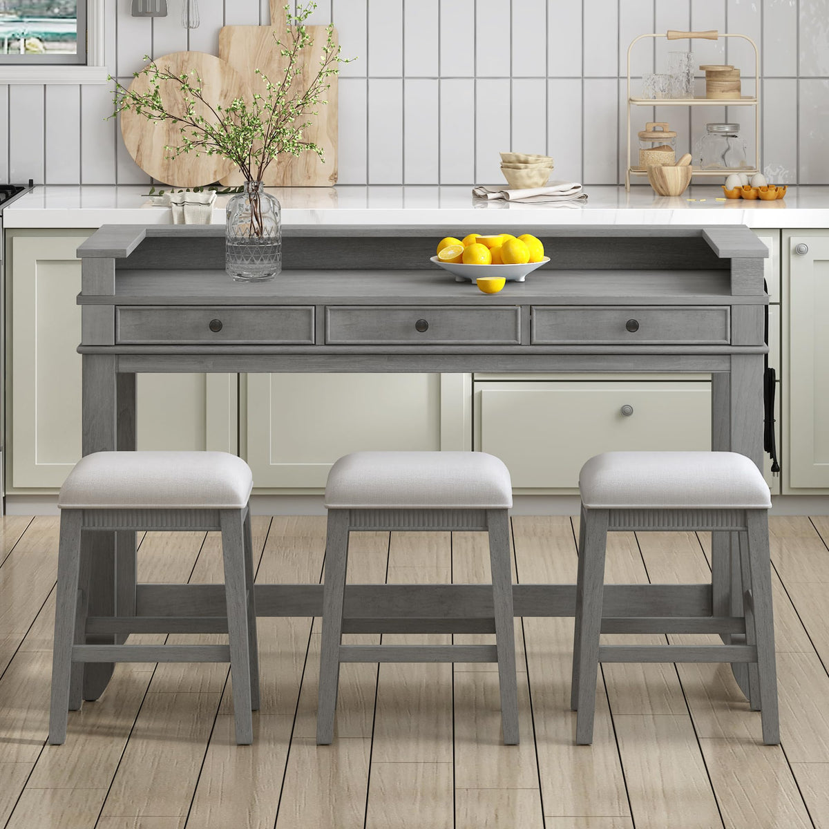 4-Piece Counter Height Bar Table Set with 3 Upholstered Stools & Charging Station