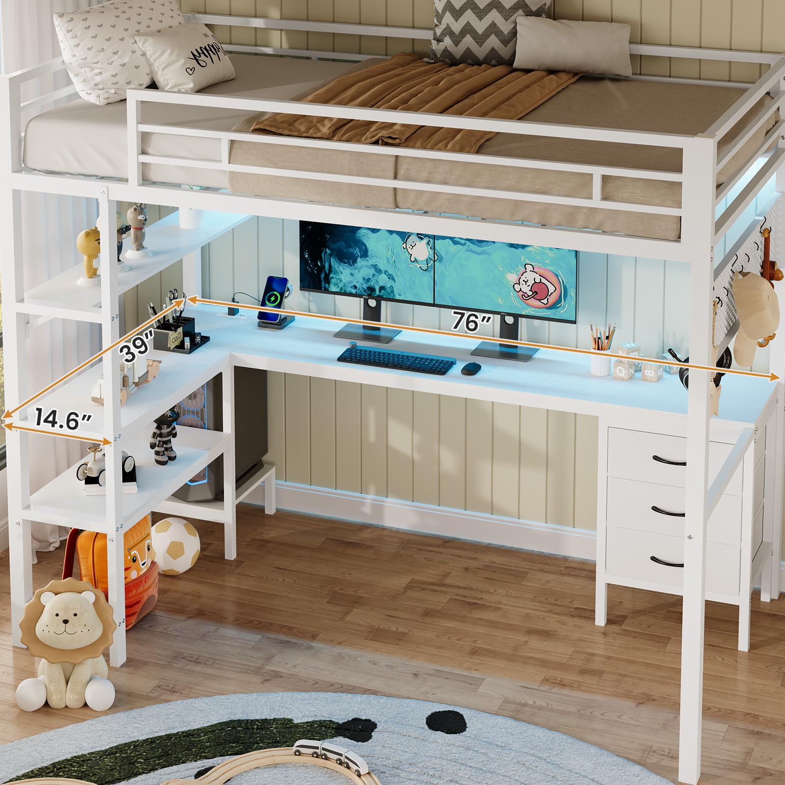 BTHFST Loft Bed Twin Size with L-Shape Desk & RGB LED Lights & Charging Station, Twin Bunk Bed with Fabric Drawers & Shlves, 13.4'' H Safety Guardrail, Noise Free, No Box Spring Needed