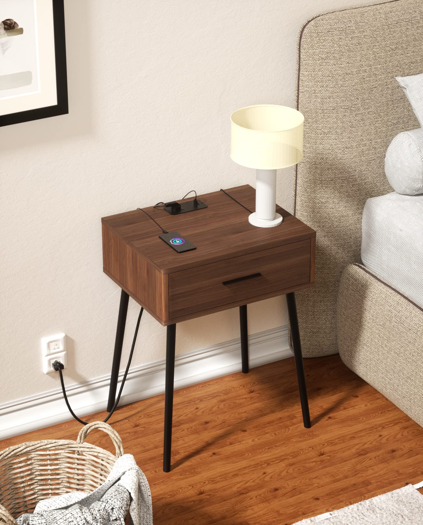 2 Mid Century Nightstand with Charging Station, End Table Modern