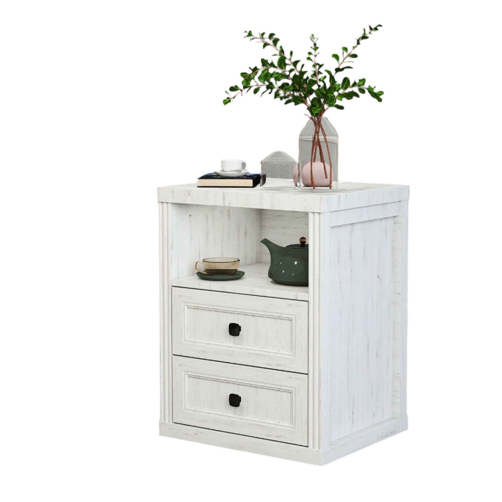 White Nightstand, End Table with Charging Station, Bedside Table with 2 Drawers