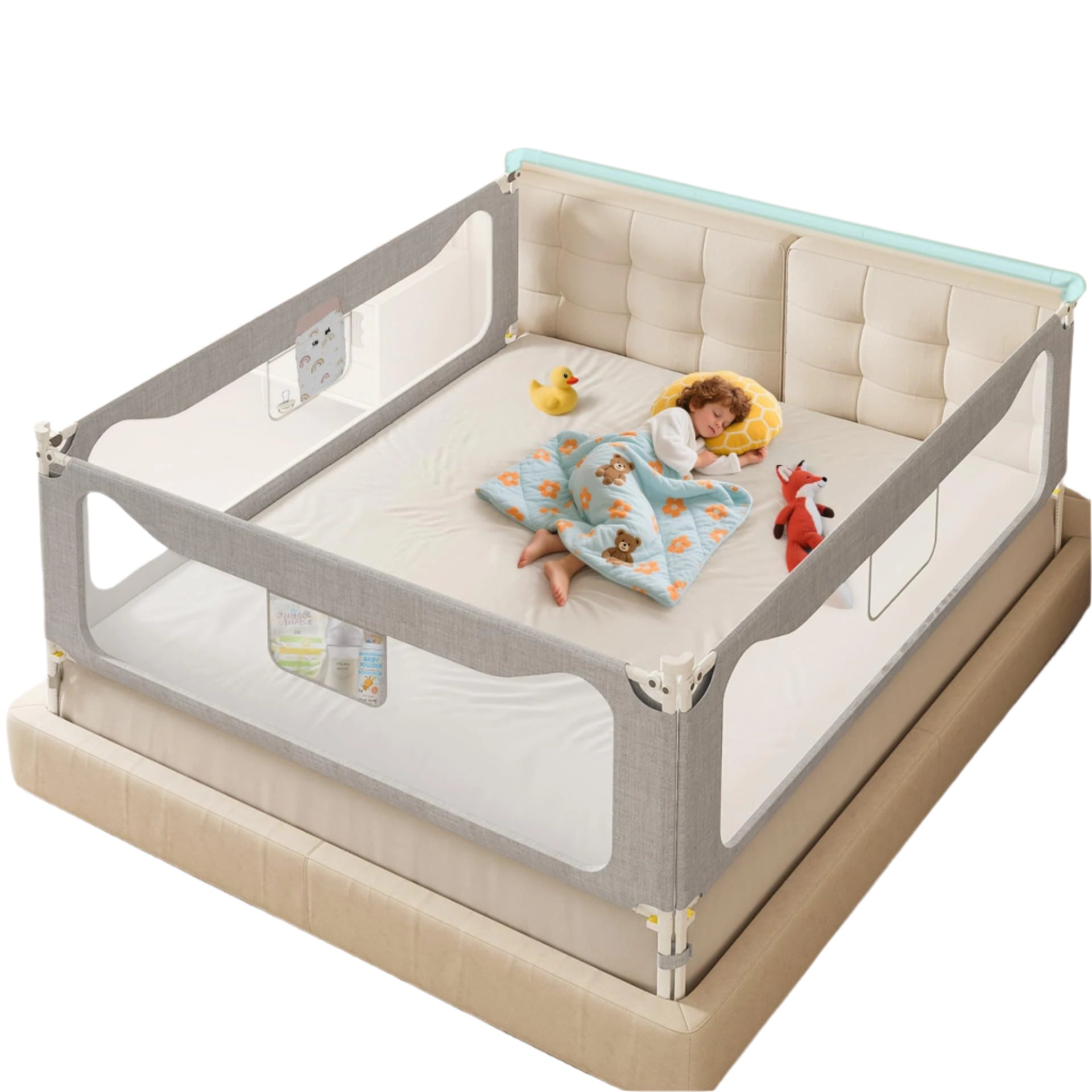 King Size Bed Rail for Toddlers: (3 Pack) 3-Side Protection Bedrail with Headboard Rod