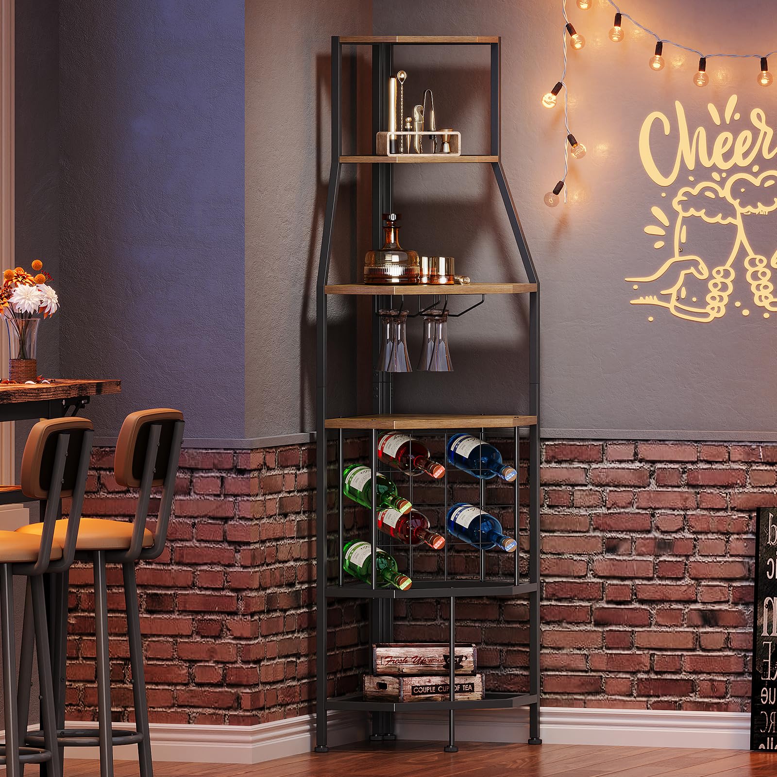 5-Tier Corner Wine Rack with Glass Holder