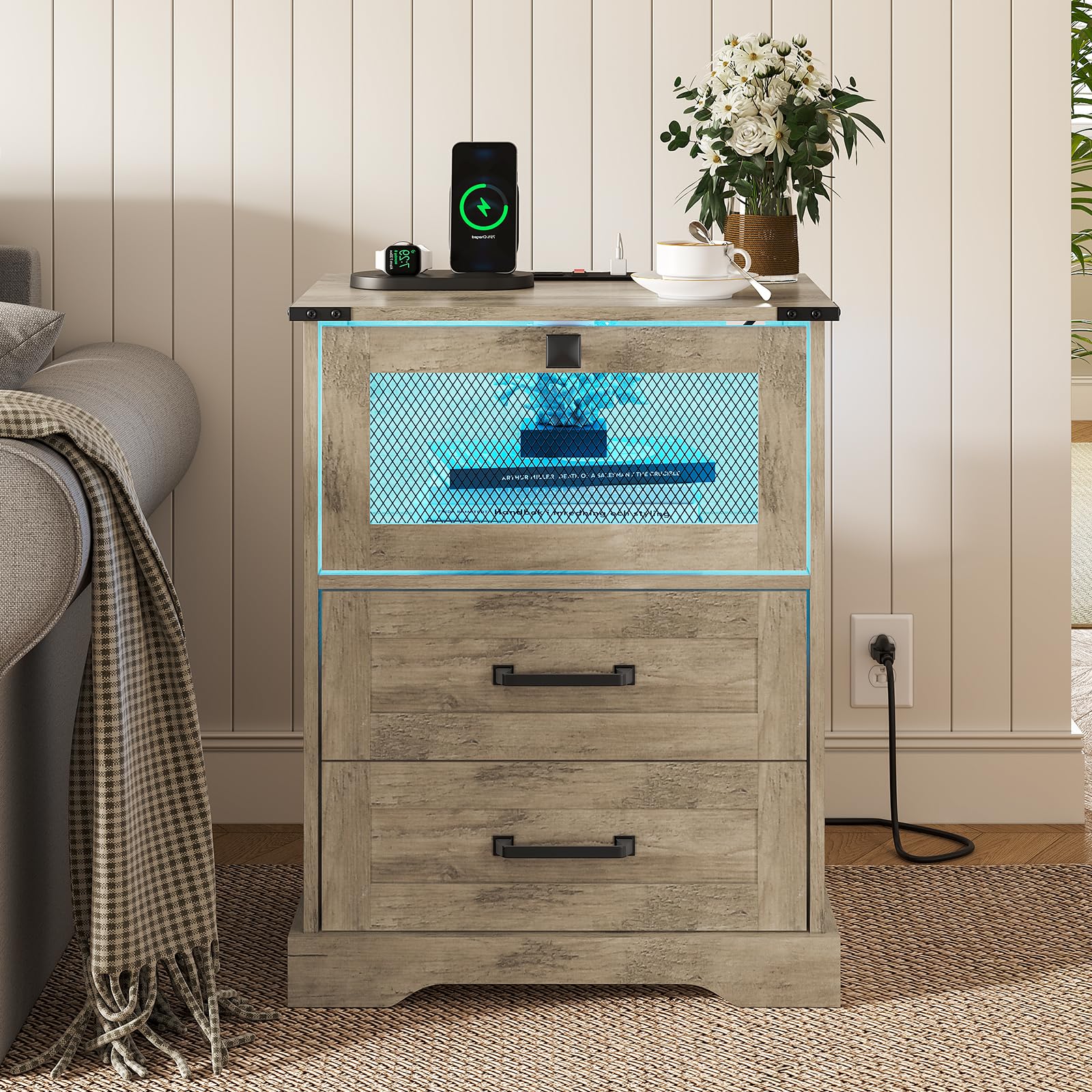 Farmhouse Night Stand Set of 2 with LED Lights and Charging Station