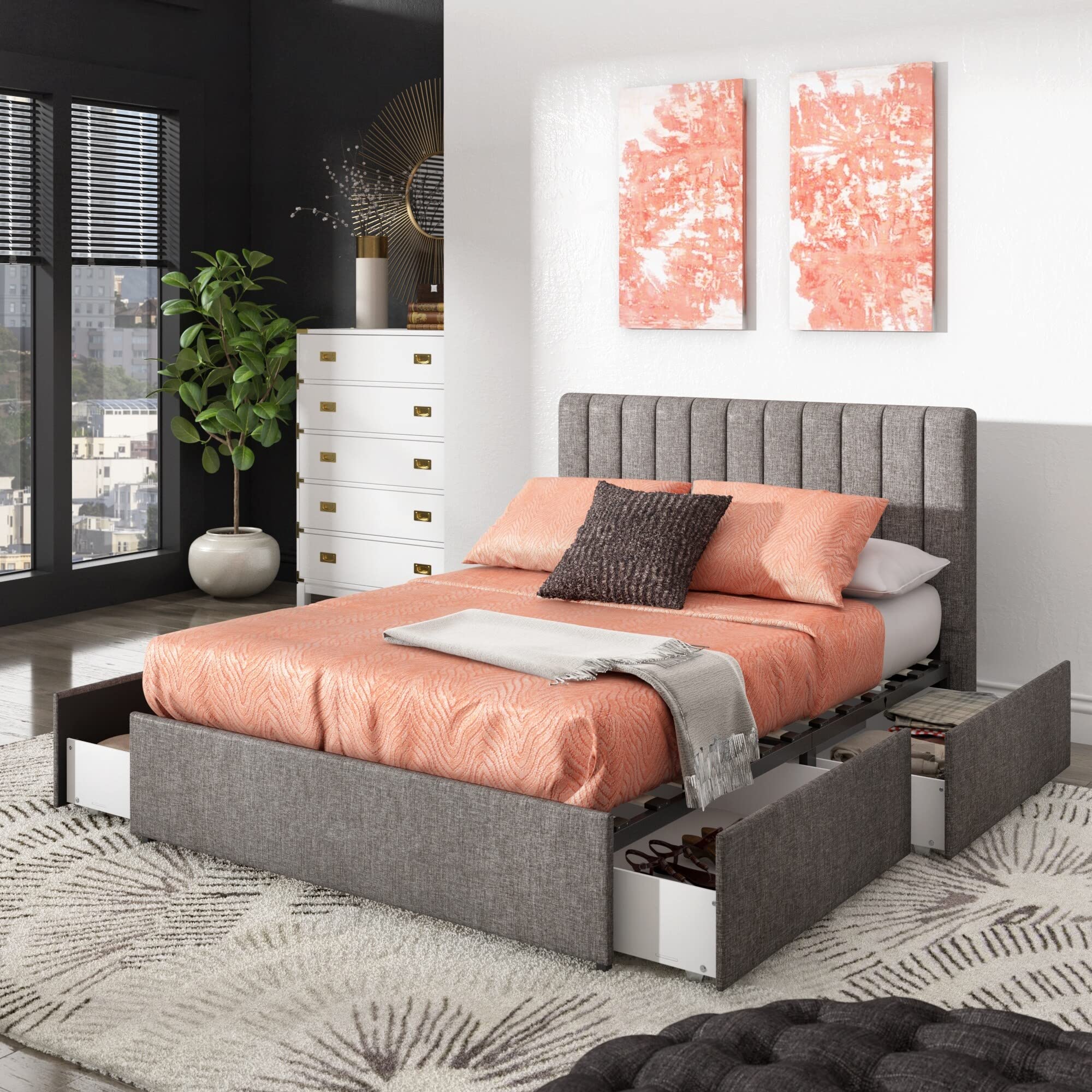Arlert Grey Linen 4-Drawer Storage Platform Bed by Modern Full