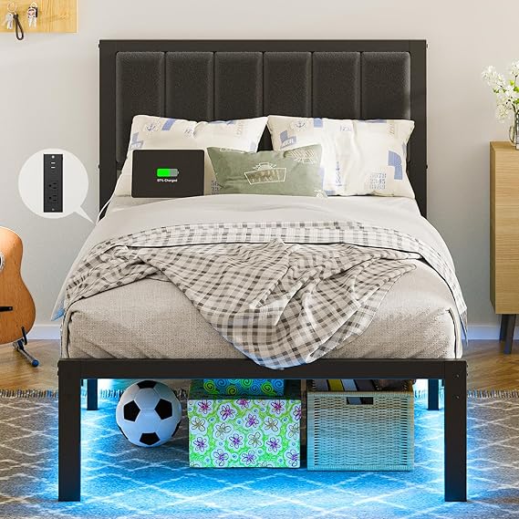 Frame with Headboard Metal Platform Bed Full Size with USB Charging