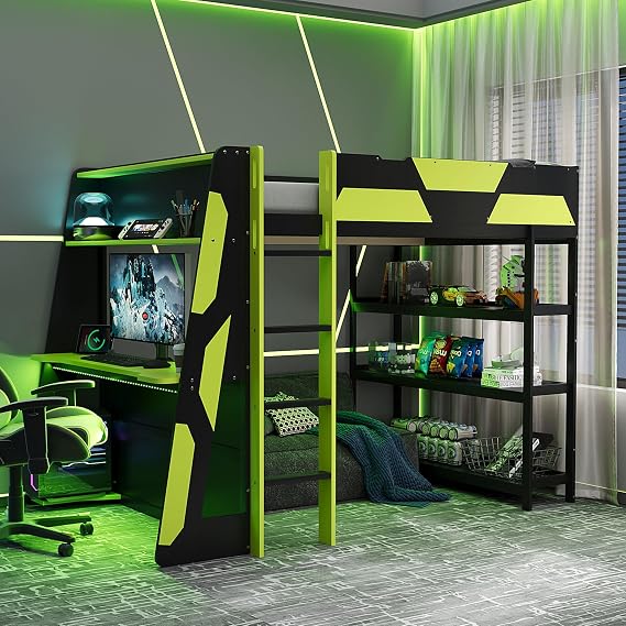Full Size Gaming Loft Bed with Side-Mounted Desk & 3-Tier Storage