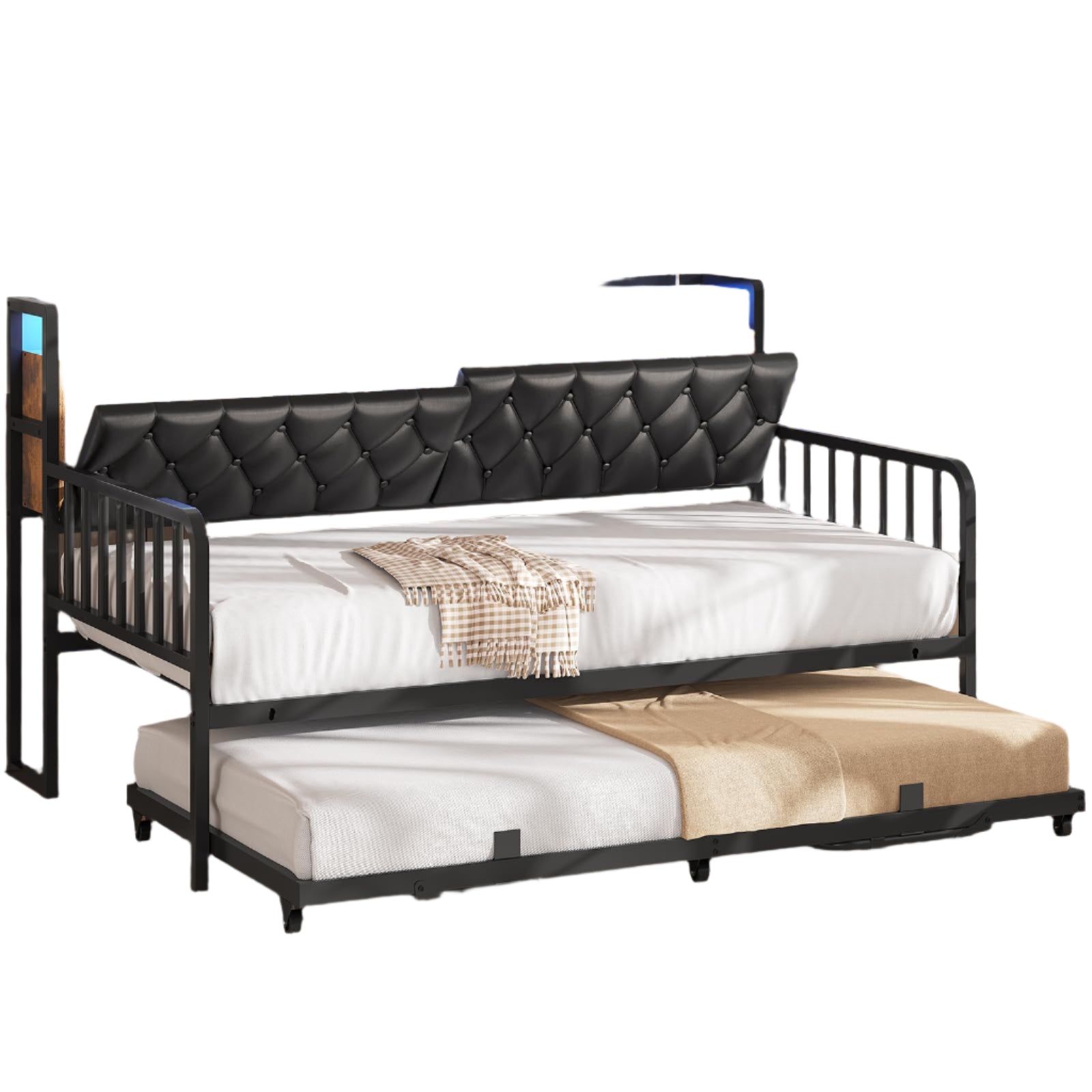 Daybed with Trundle, Twin to King Daybed with Charging Station & LED Lights