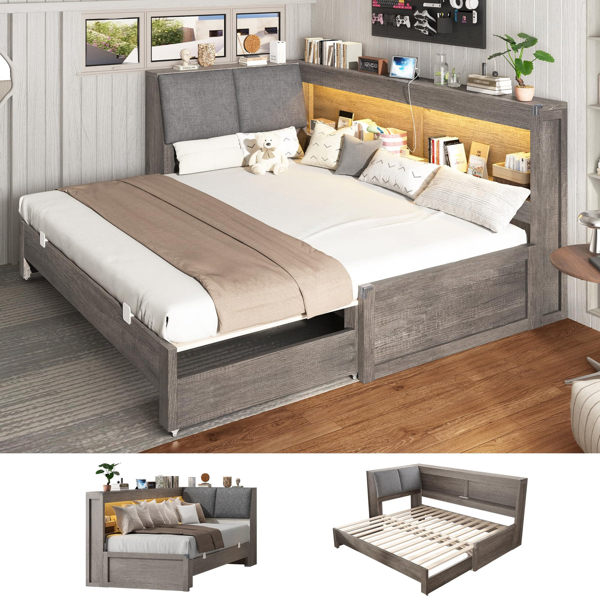 Twin to King Corner Daybed with Trundle & Storage Bookcase Headboard