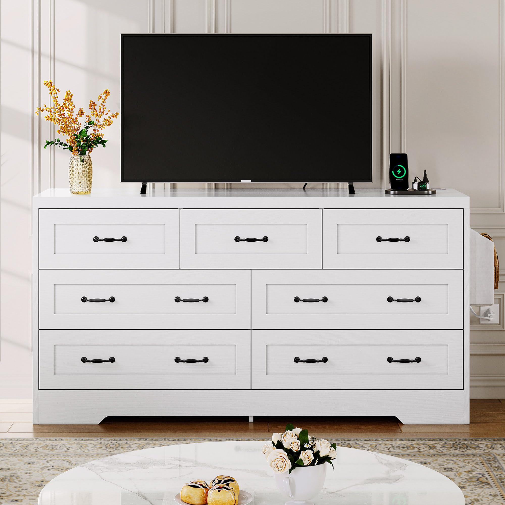 Farmhouse 7 Drawer Dresser for Bedroom, 59" Wide Large Modern Dresser TV Stand