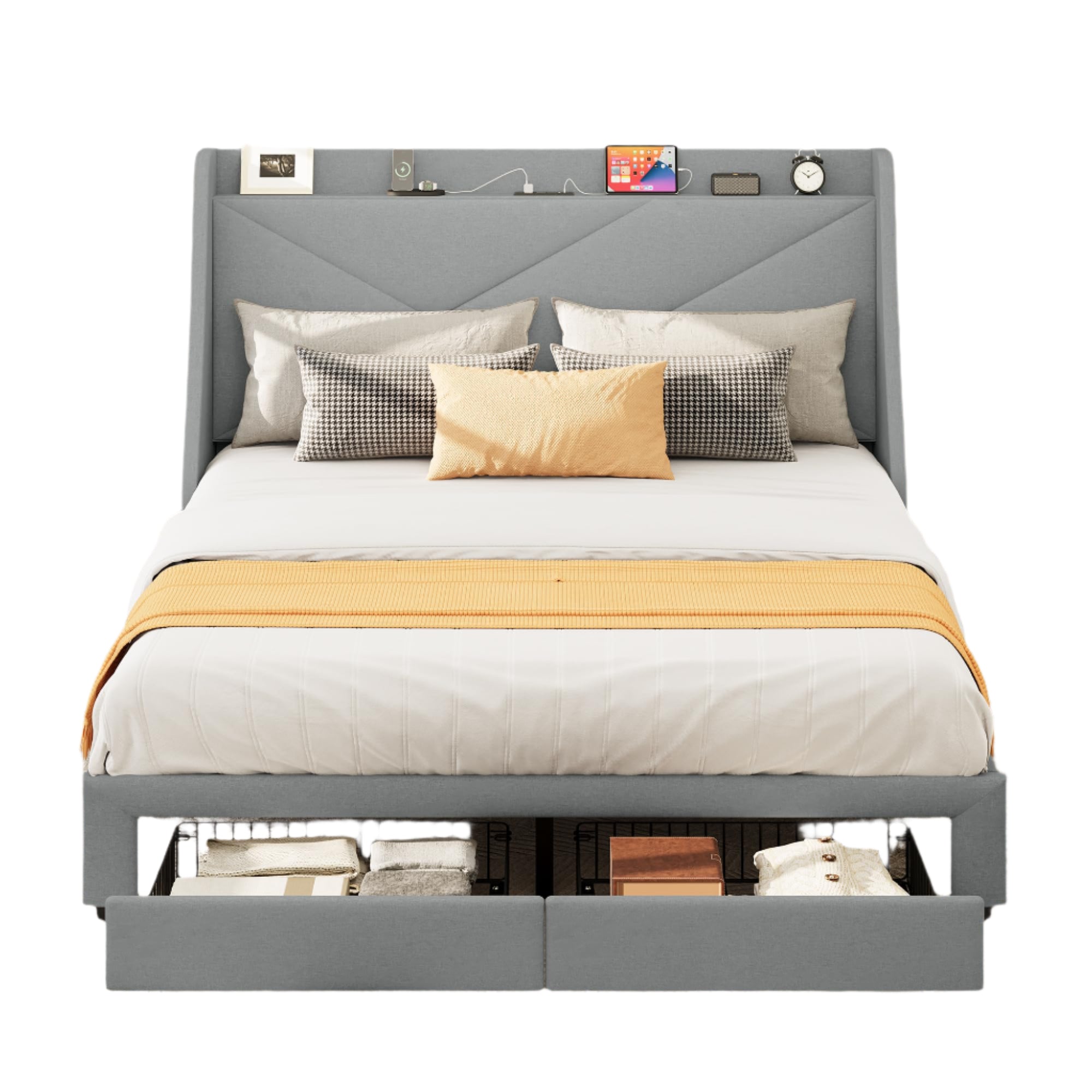 Storage Bed Frame, Queen Size Bed Frame with Type-C & USB Port