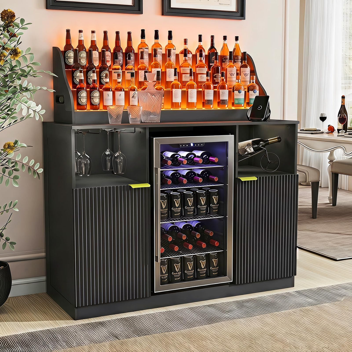 51'' Wine Bar Cabinet with LED Lighted Liquor Bottle Display Shelf,Mini Fridge Cabinet with Storage and Power Outlet,Liquor Coffee Bar Cabinet with Fridge Space,Modern Buffet Cabinet with Wine Rack
