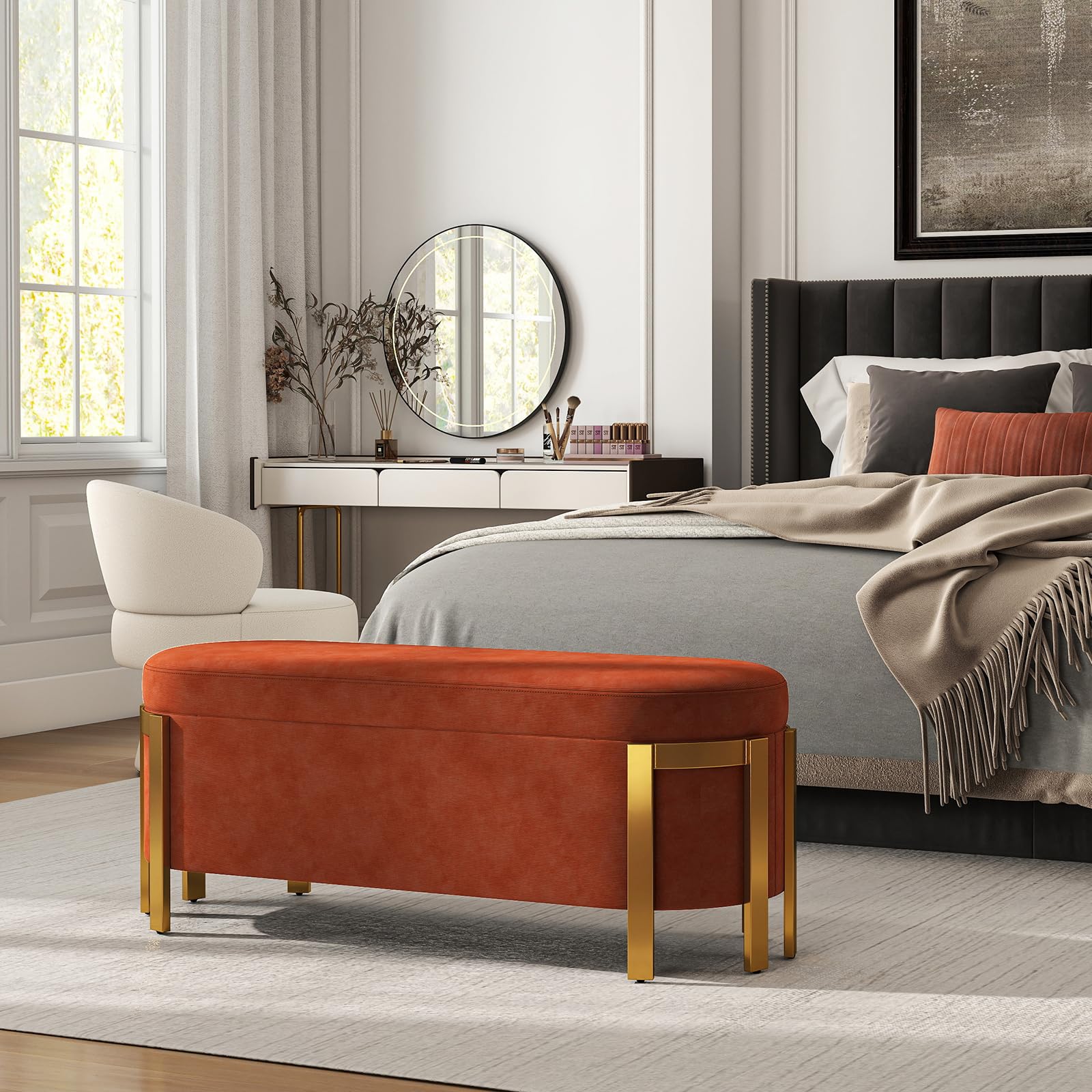 48” Storage Bench Ottoman, Upholstered Chenille End of Bed Bench Bedroom