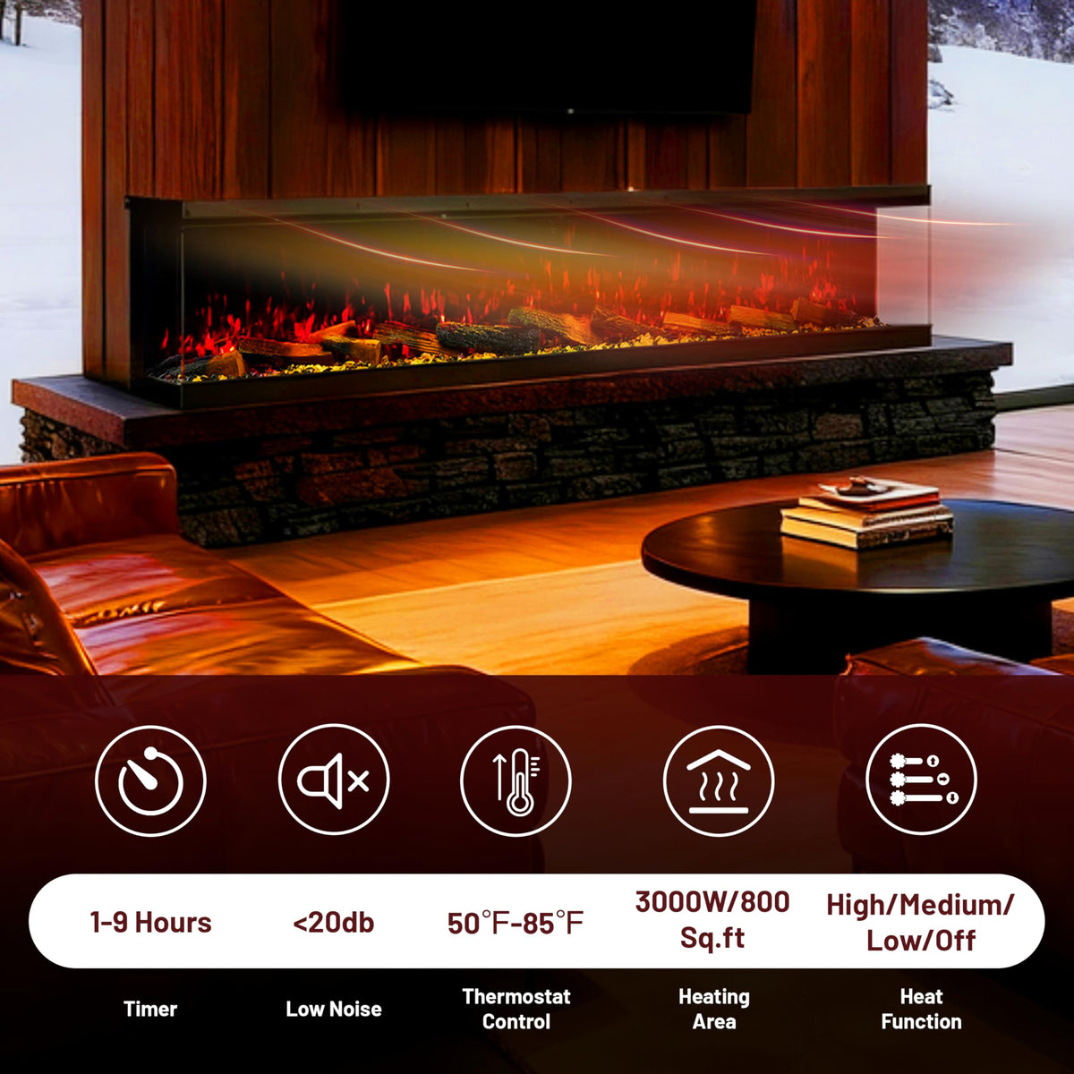 3-Sided Smart Electric Fireplace with Panoramic LED Flames