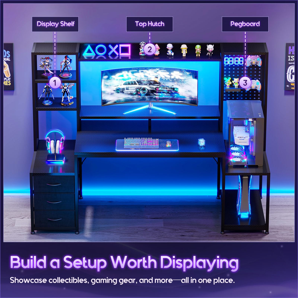 Gaming Desk with Hutch, Display Shelves, 3 Fabric Drawers & Monitor Stand