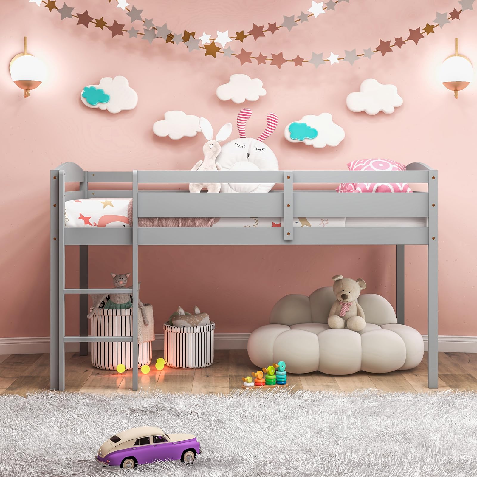 Loft Bed with Ladder, Wood Low Profile Loft Bed with 30" Clearance