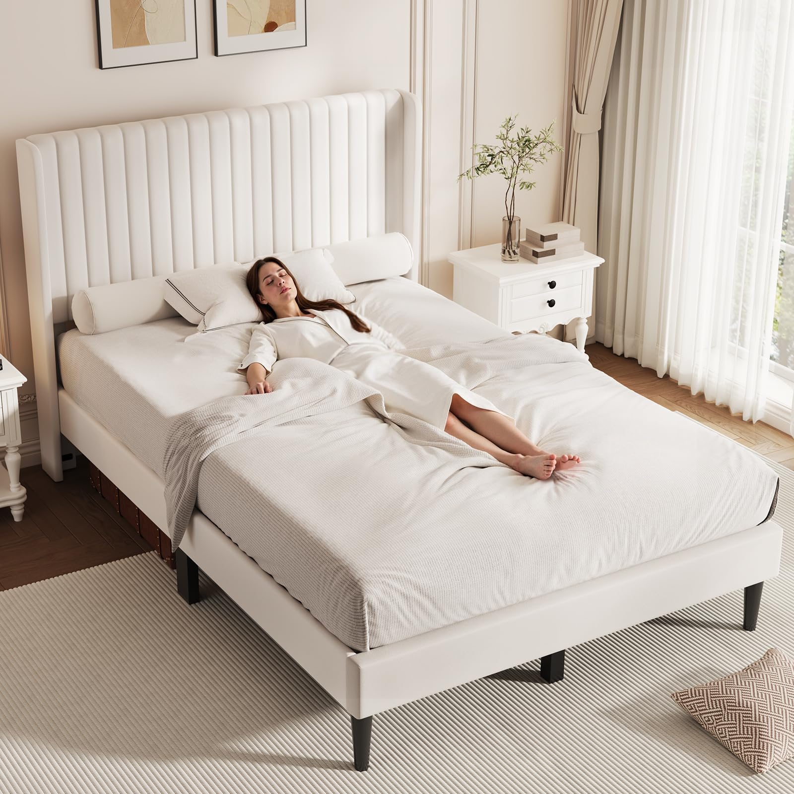 Queen Bed Frame with Upholstered Headboard, Velvet Bed Frame with Strong