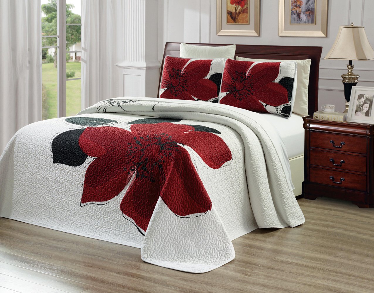 3-Piece Fine Printed Oversize (115" X 95") Quilt Set Reversible Bedspread Coverlet