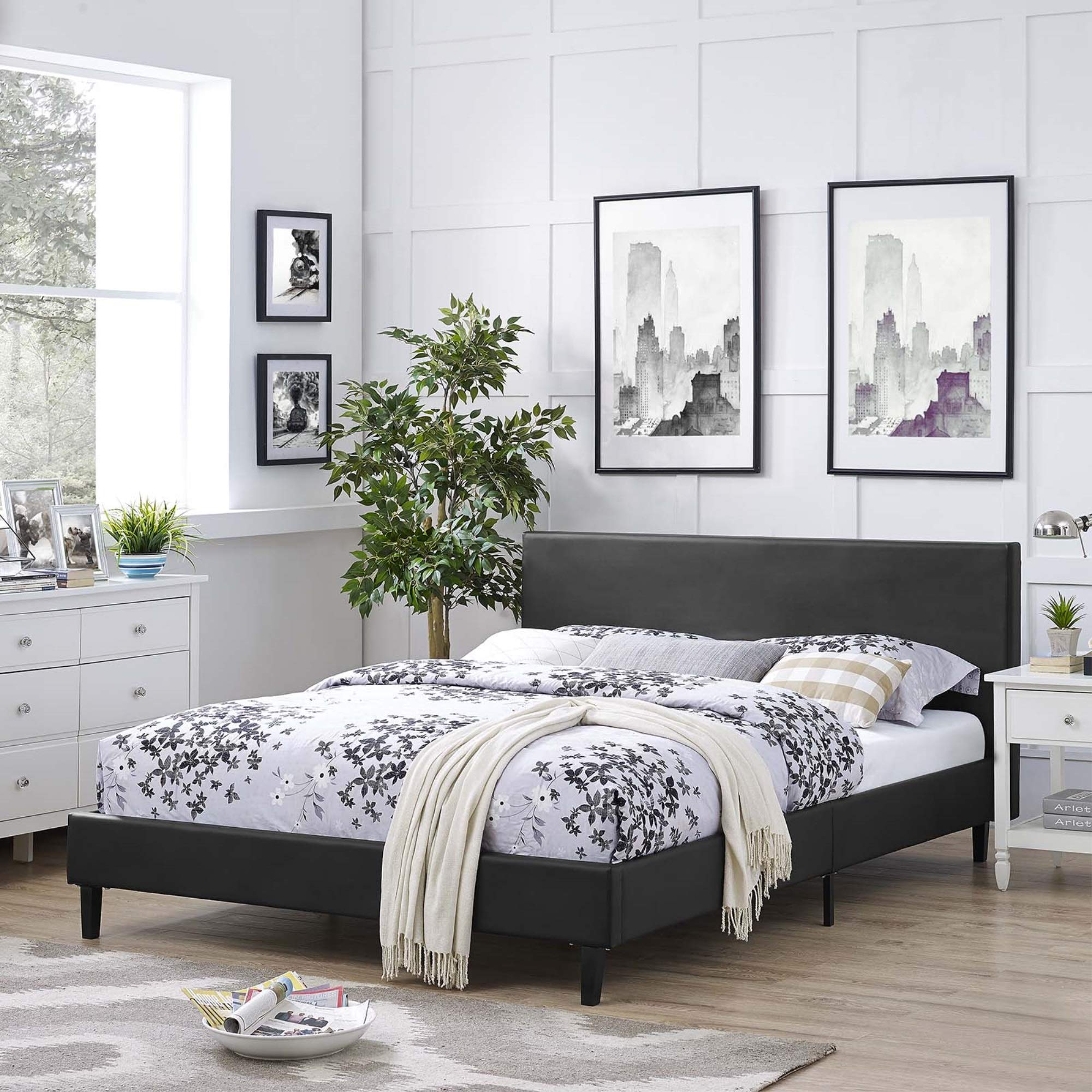 Anya Platform Bed - Contemporary Design, Padded Vinyl Headboard, Solid Wood Legs