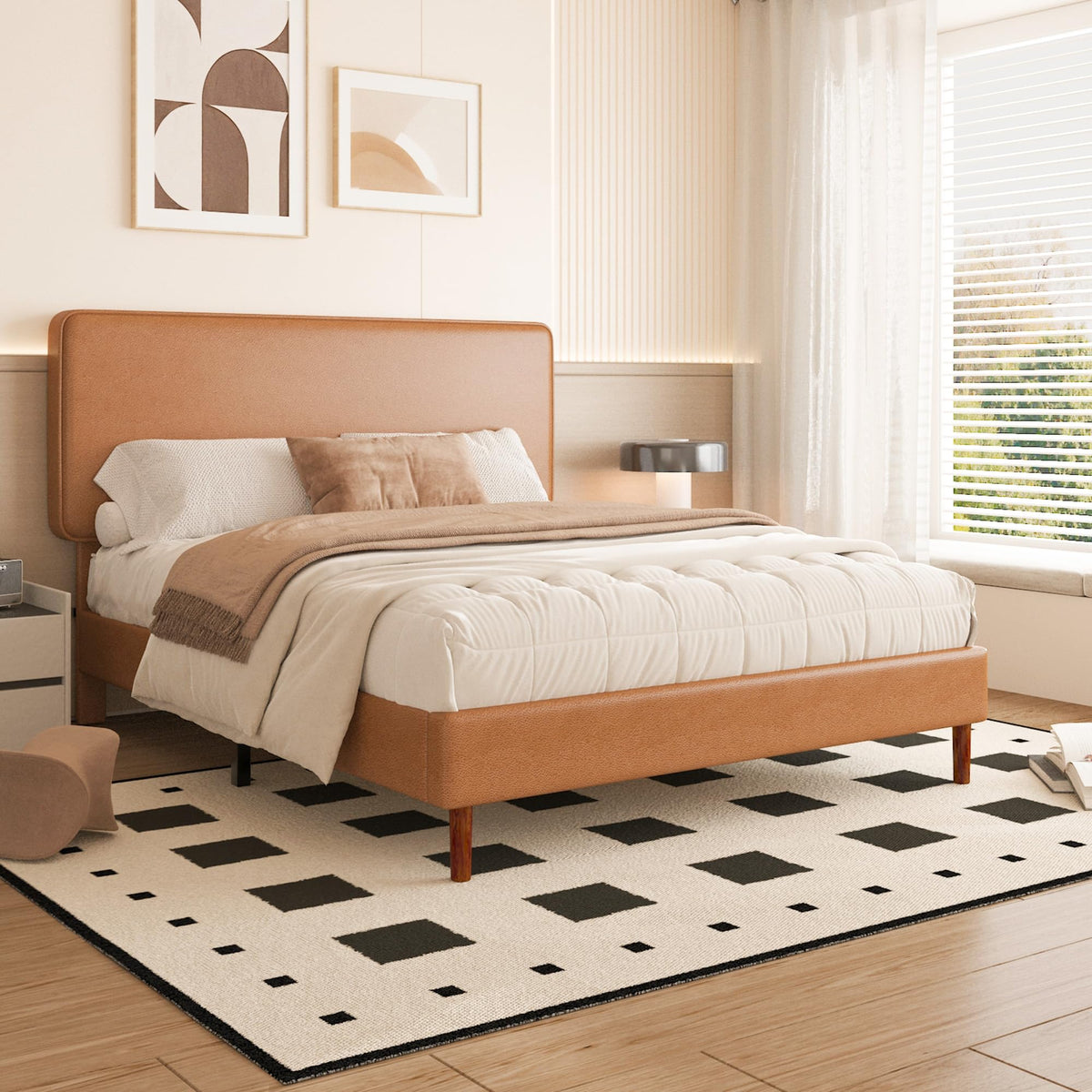 Faux Leather Platform Bed Frame with Adjustable Headboard