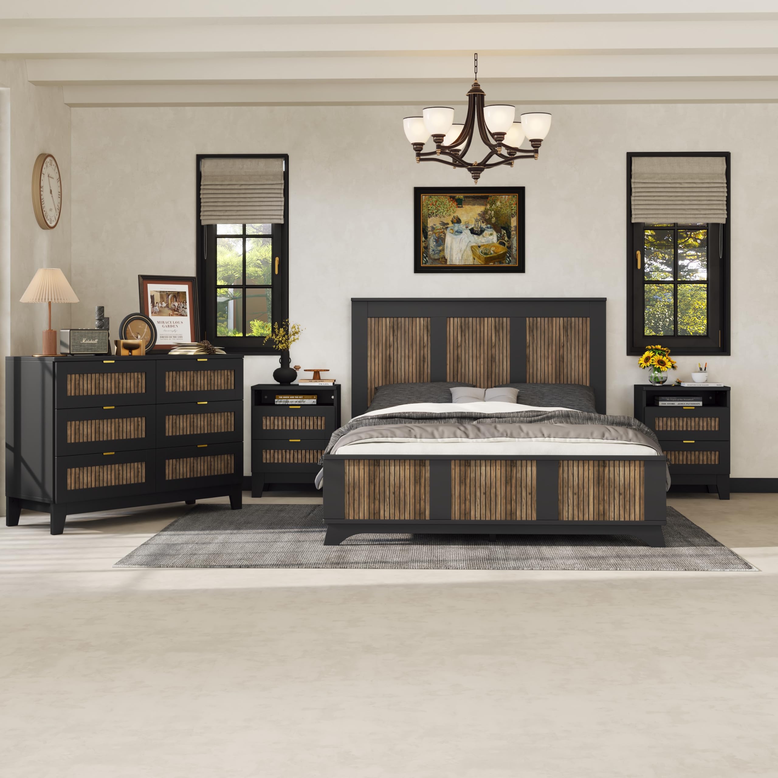 4 Piece Queen Bedroom Set, Queen Size Platform Bed with Wooden Strip Sticker