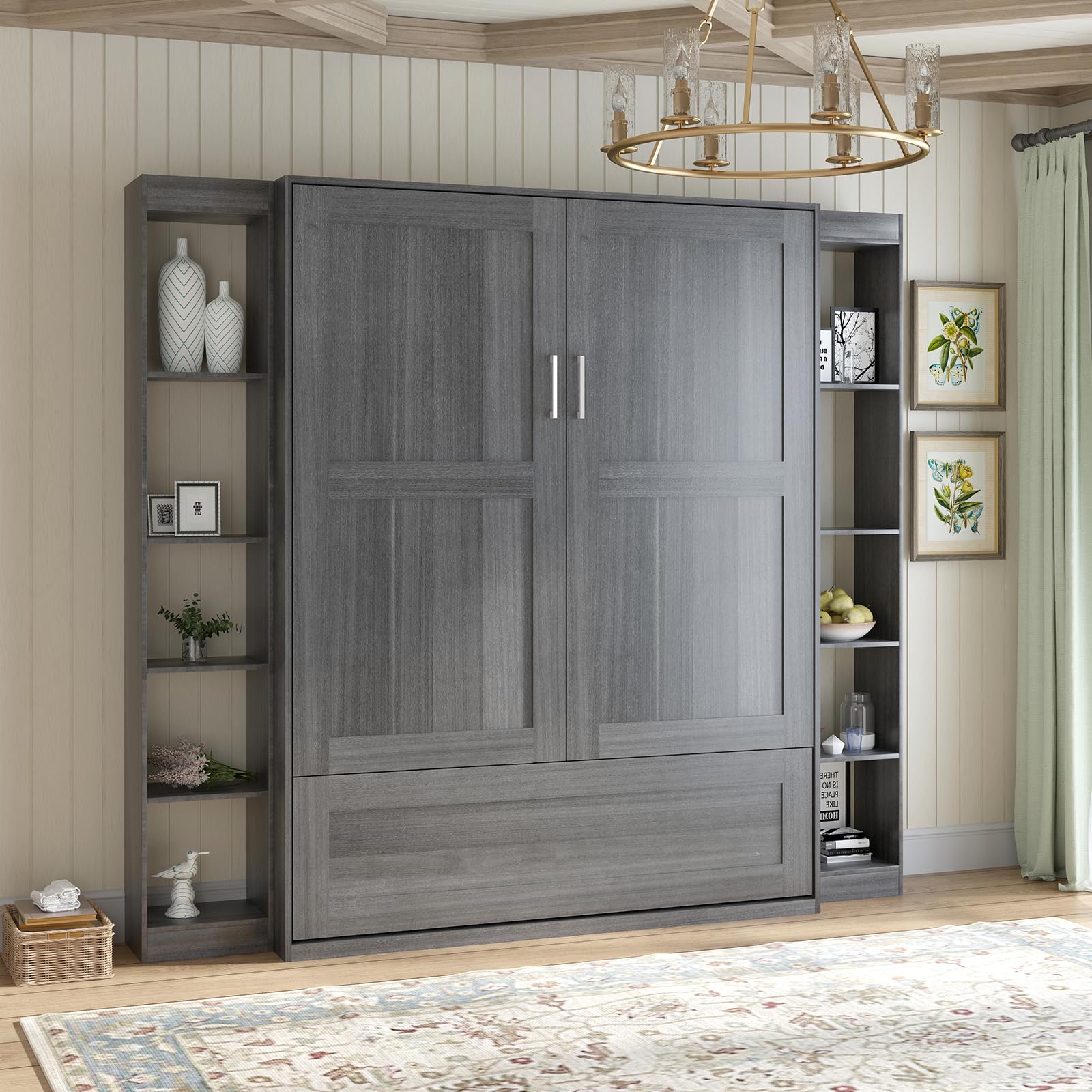 Queen Murphy Bed with 2 Side Cabinets, Folding Wall Bed for Bedroom