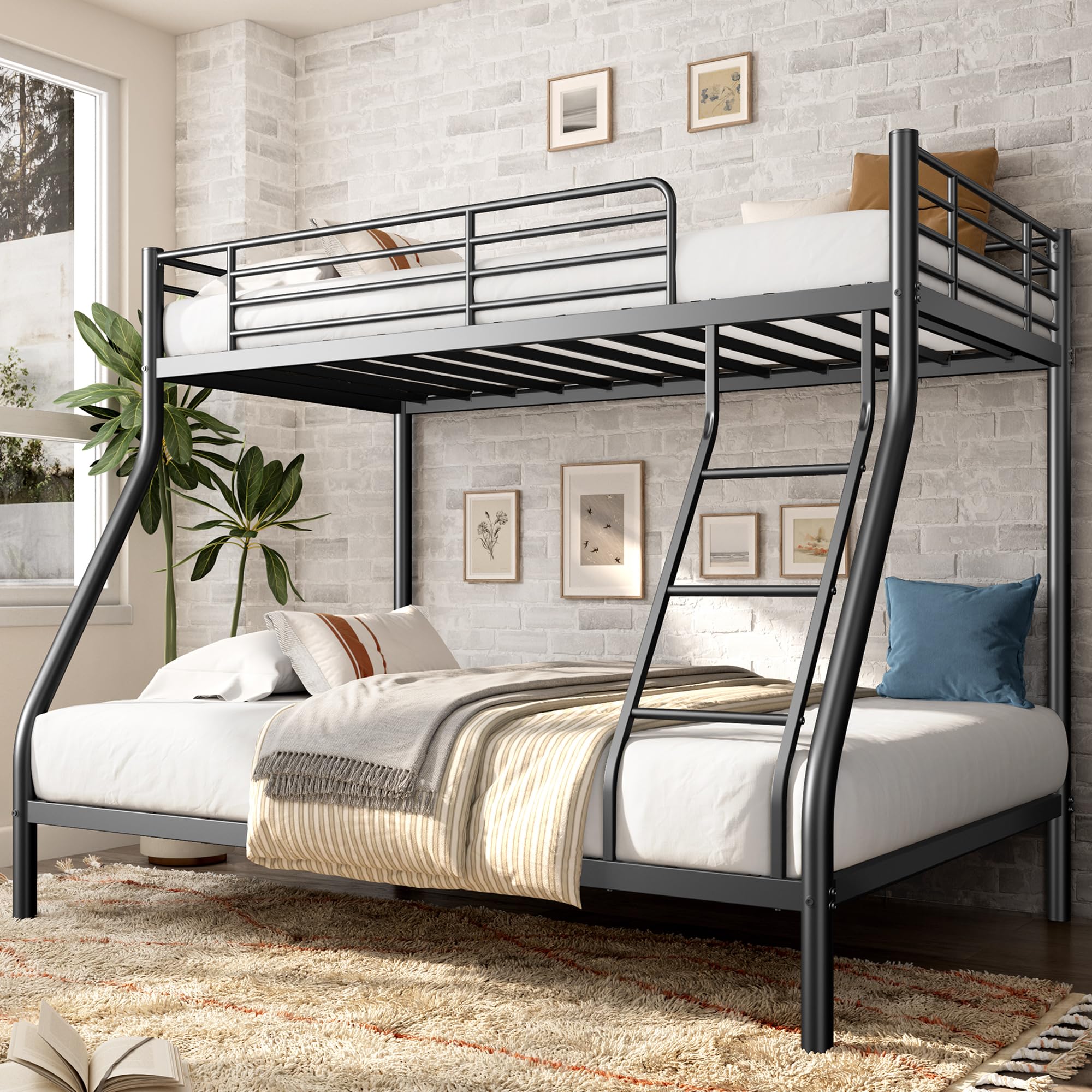 Bunk Bed Twin Over Full Size with Ladder & Guardrail, Metal Bed Frame