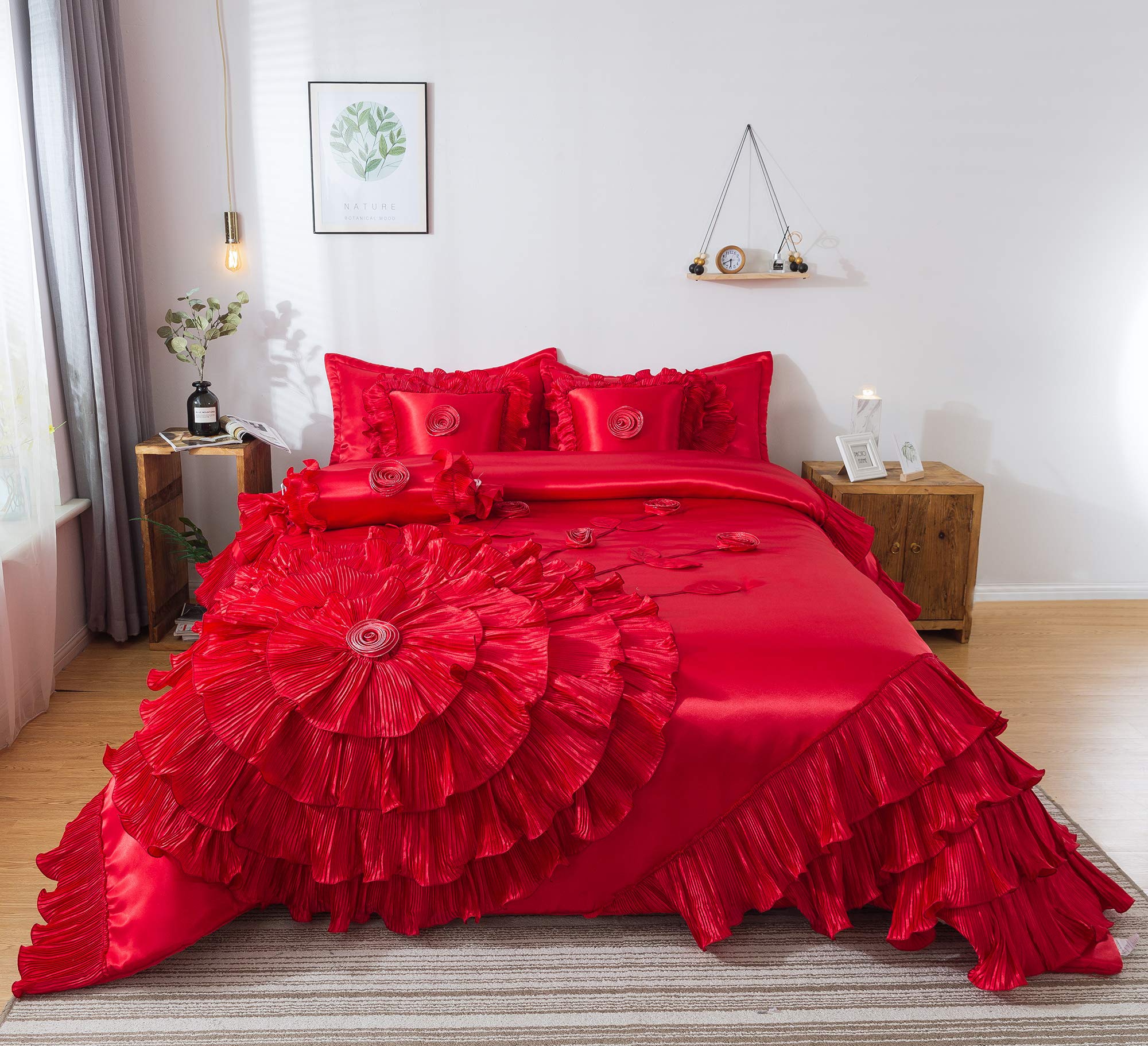 VEHY4174-K Ruffle Comforter Bedding Set, King, Red