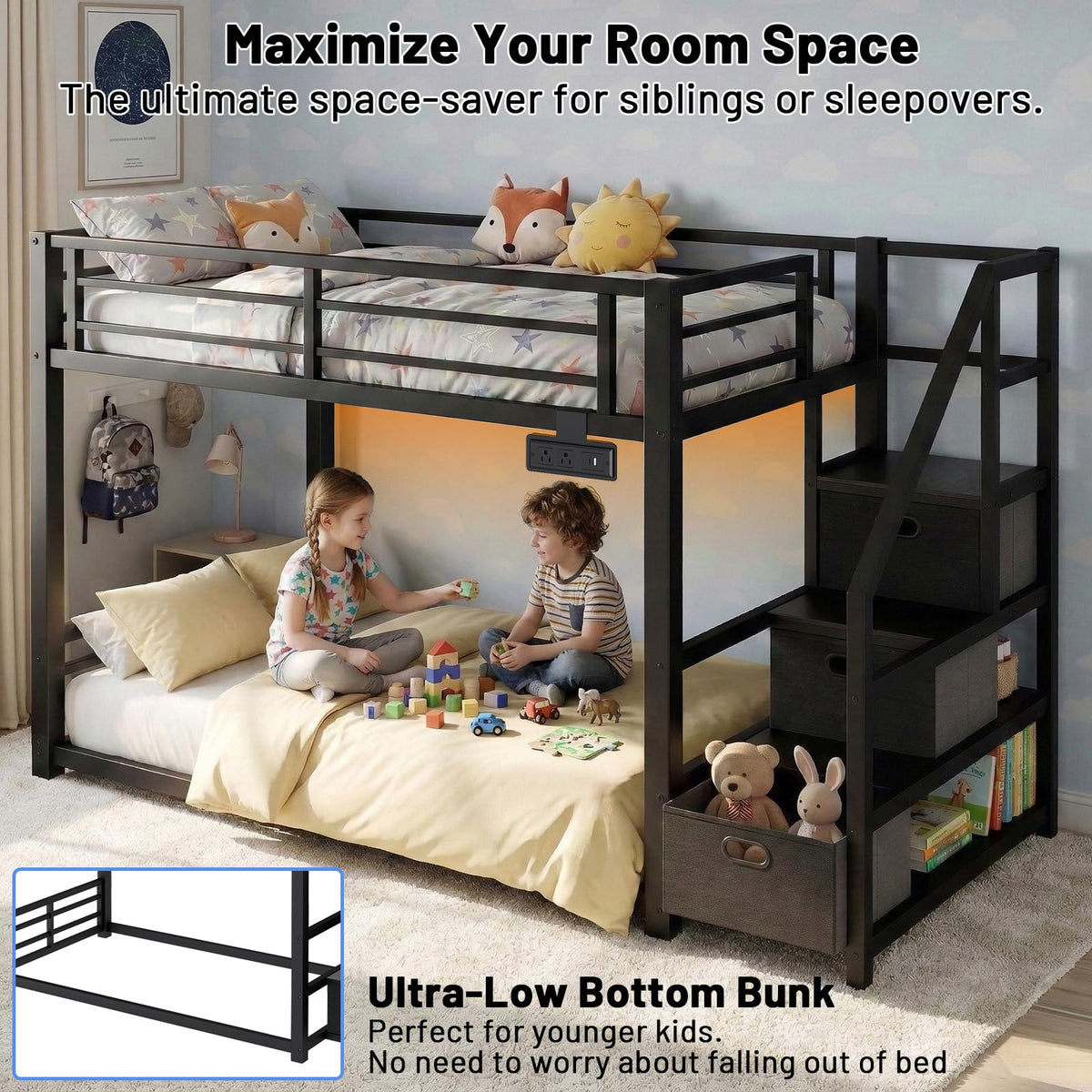 Twin Over Twin Low Bunk Bed with Storage Stairs, Power Outlet & RGB LED Lights