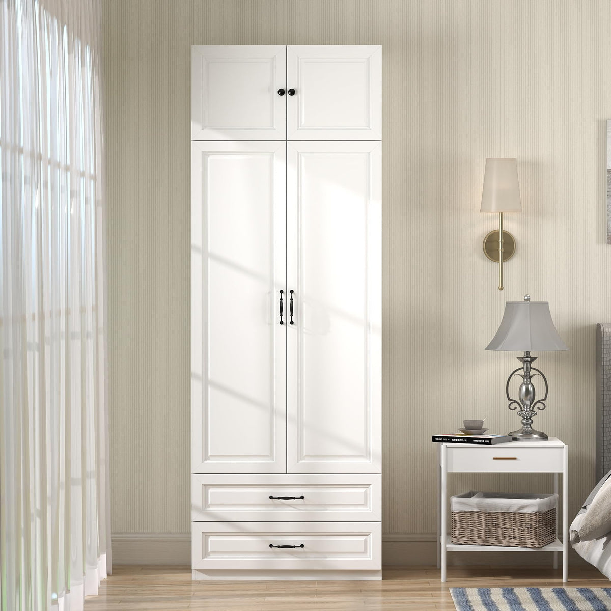 Extra Tall Wardrobe Armoire with Drawers & Top Cabinet