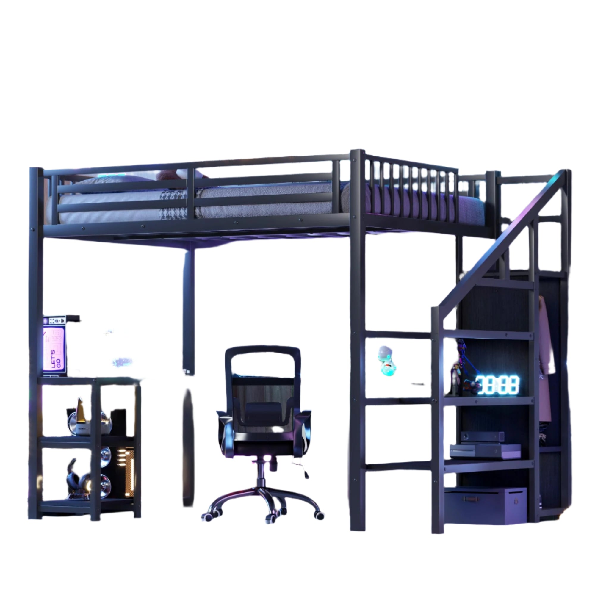 Loft Bed with Stairs and Desk, Metal Gaming Loft Bed with RGB LED Light