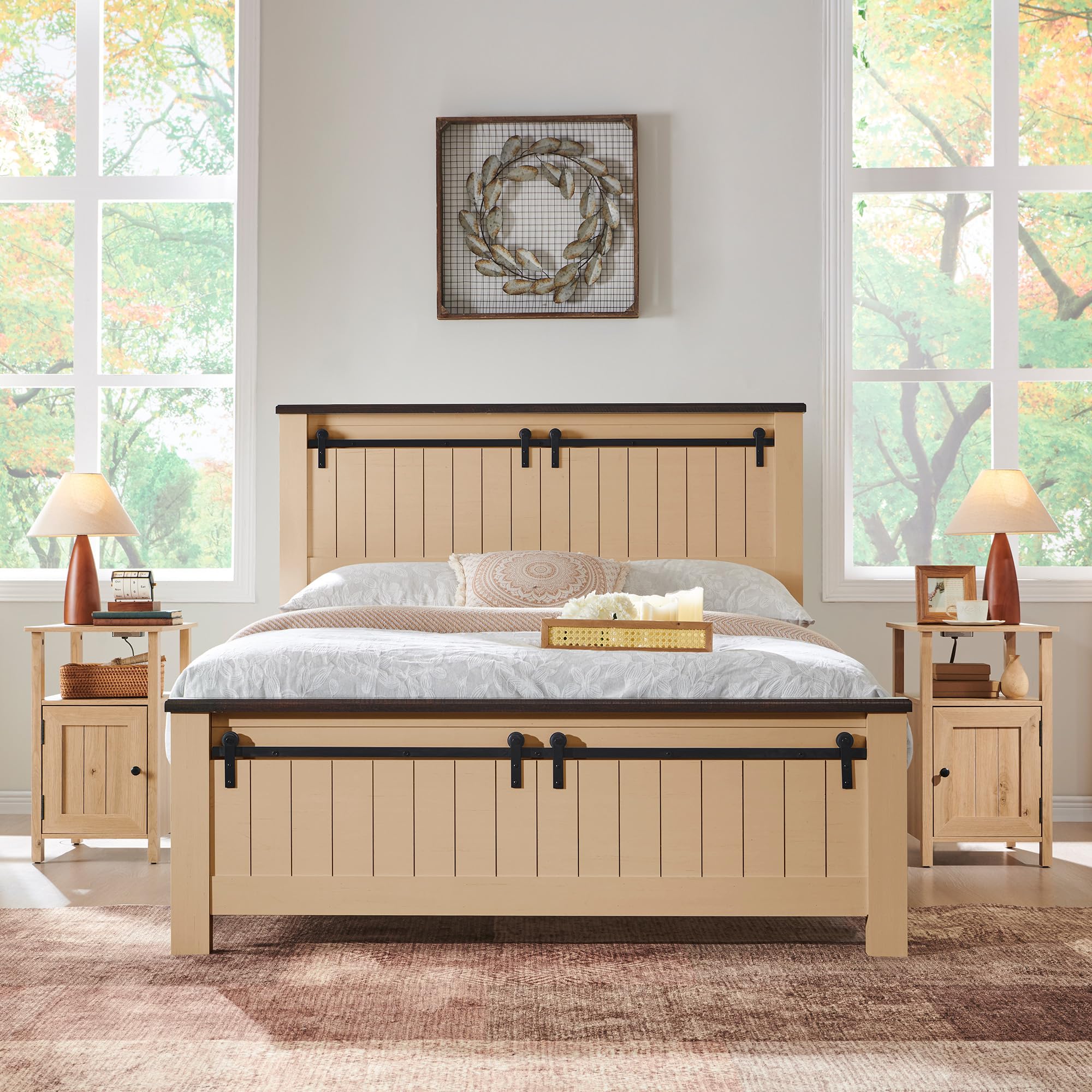 Farmhouse Nightstands Set of 2, Narrow Bedside Table with Charging Station